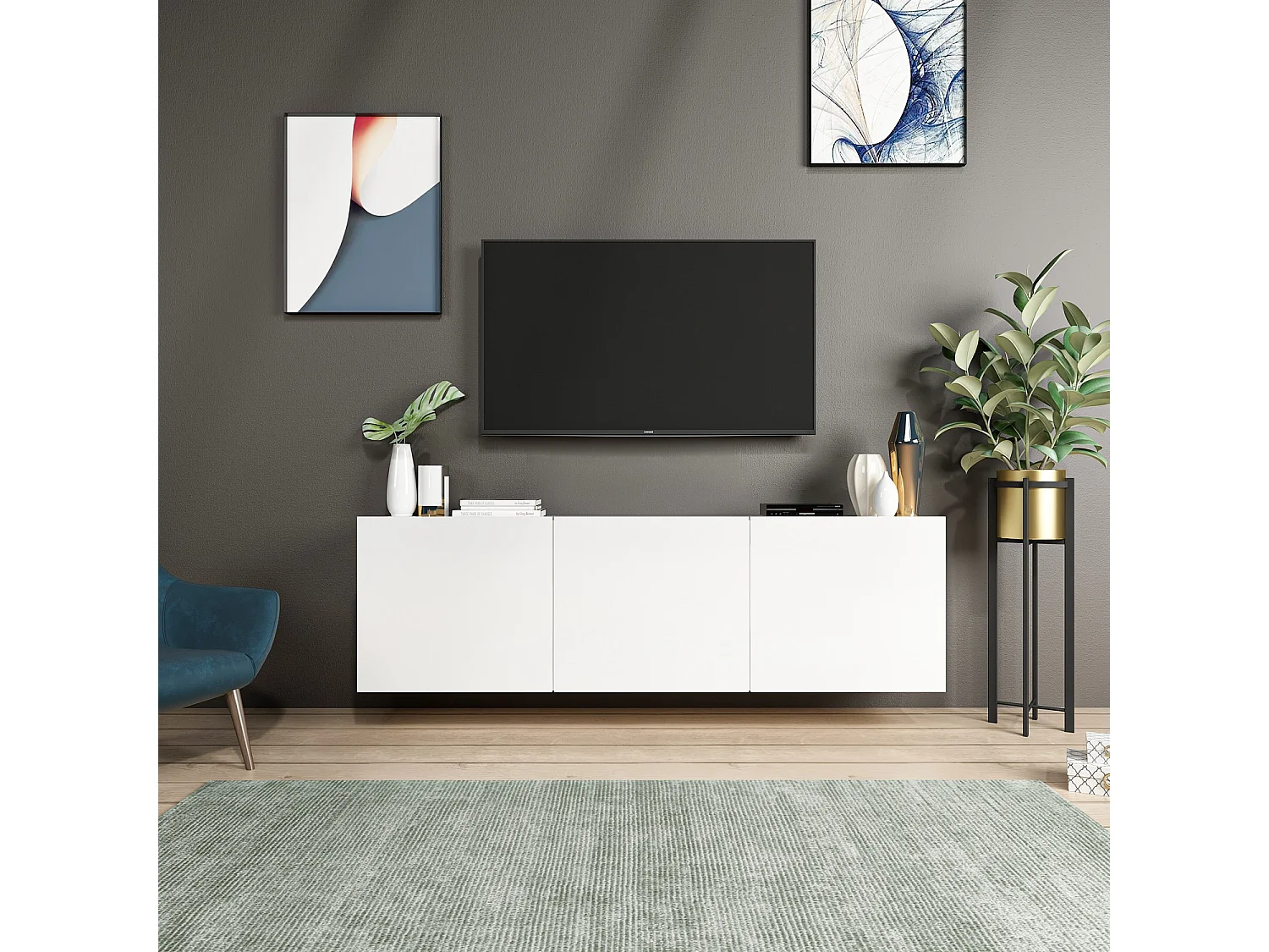 Meuble TV moderne – 150 cm – Blanc – Panneau de particules mélaminé