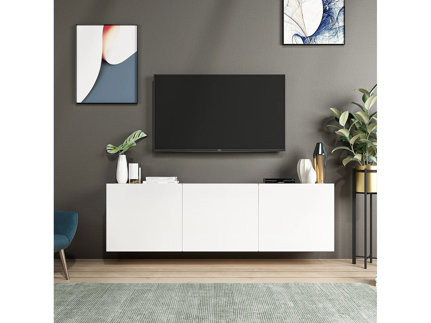 Meuble TV moderne – 150 cm – Blanc – Panneau de particules mélaminé