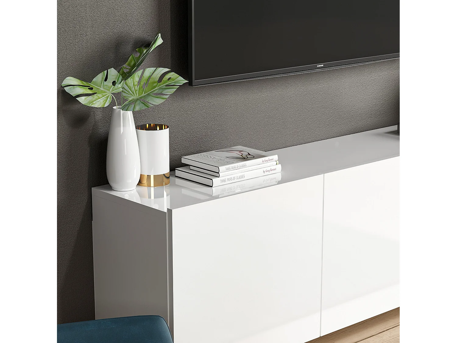 Meuble TV moderne – 150 cm – Blanc – Panneau de particules mélaminé