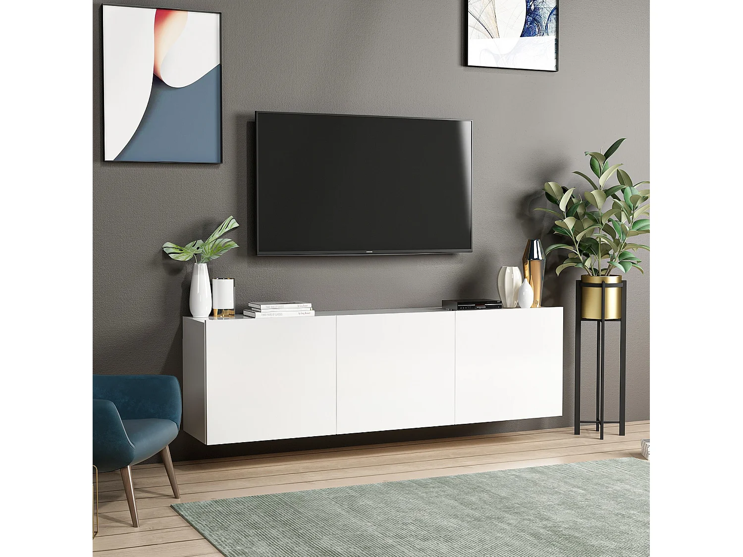 Meuble TV moderne – 150 cm – Blanc – Panneau de particules mélaminé