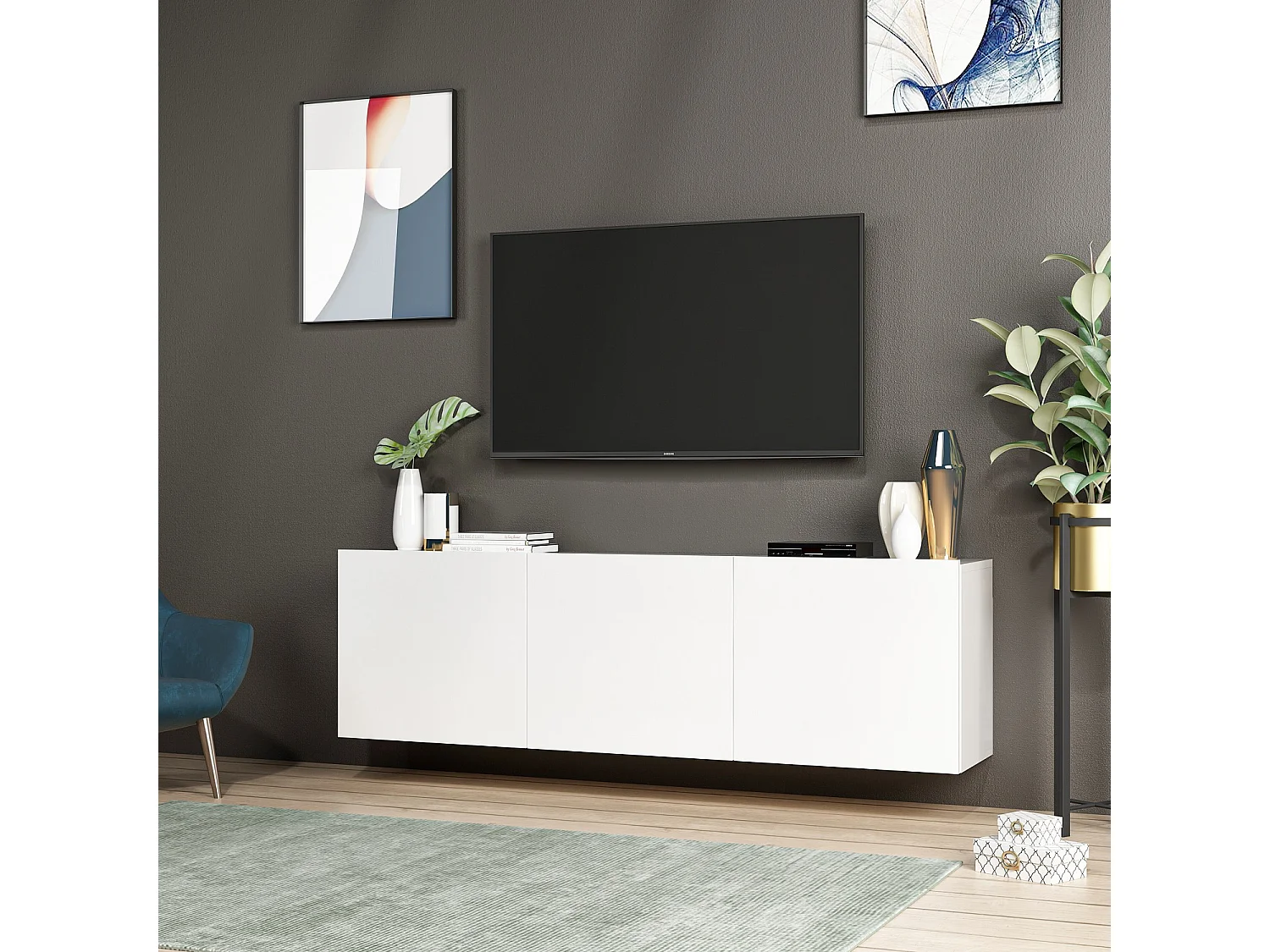 Meuble TV moderne – 150 cm – Blanc – Panneau de particules mélaminé