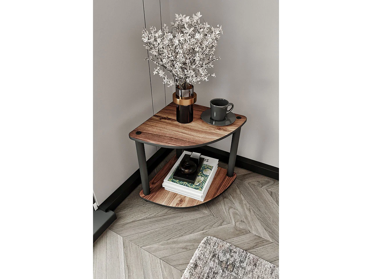 Estantería esquinera de dos niveles en nogal - Diseño compacto de primera calidad