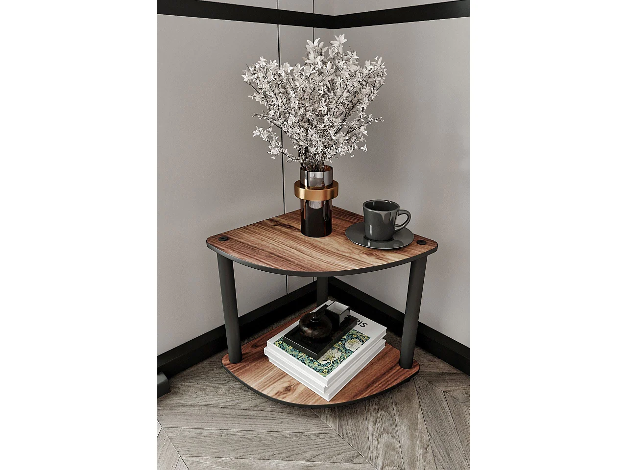 Estantería esquinera de dos niveles en nogal - Diseño compacto de primera calidad