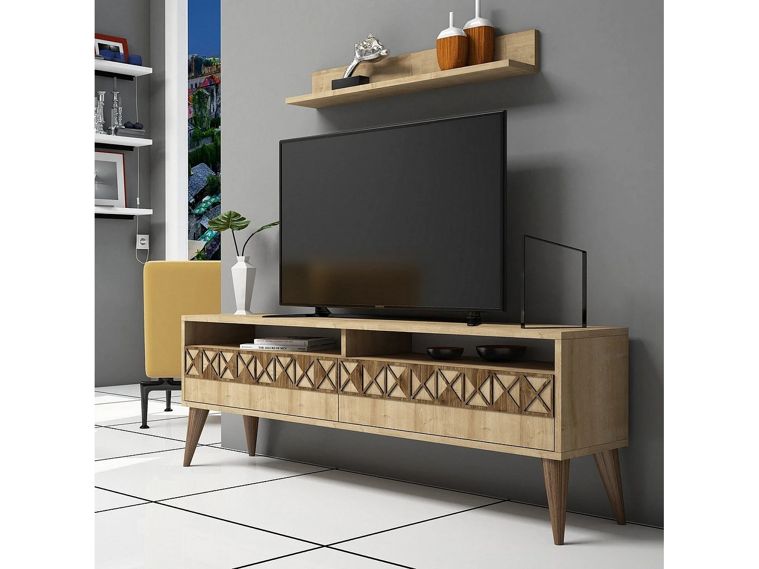 Moderne tv-standaard – 150 cm breed – eikenkleur – melamine gecoate spaanplaat