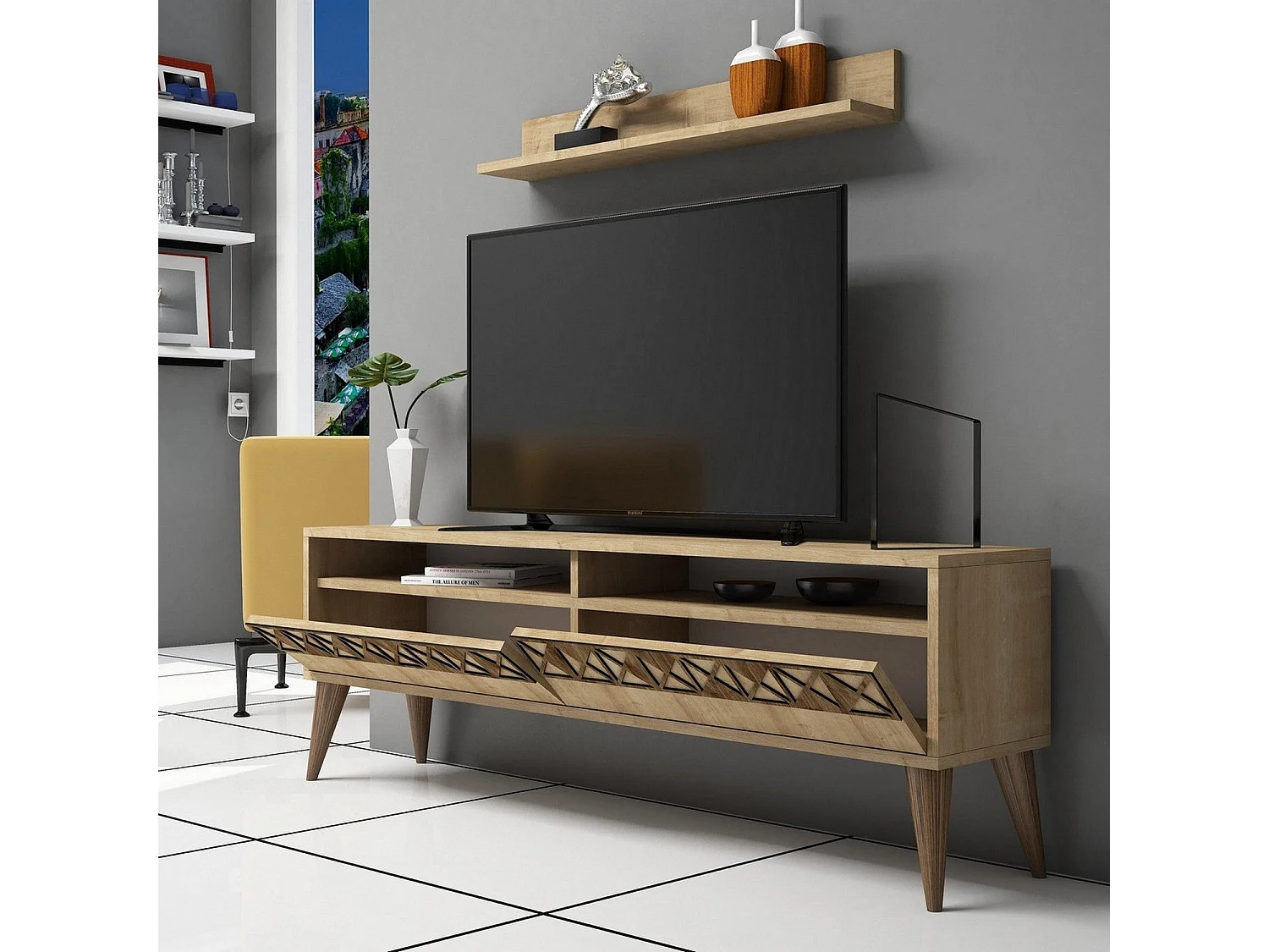 Moderne tv-standaard – 150 cm breed – eikenkleur – melamine gecoate spaanplaat