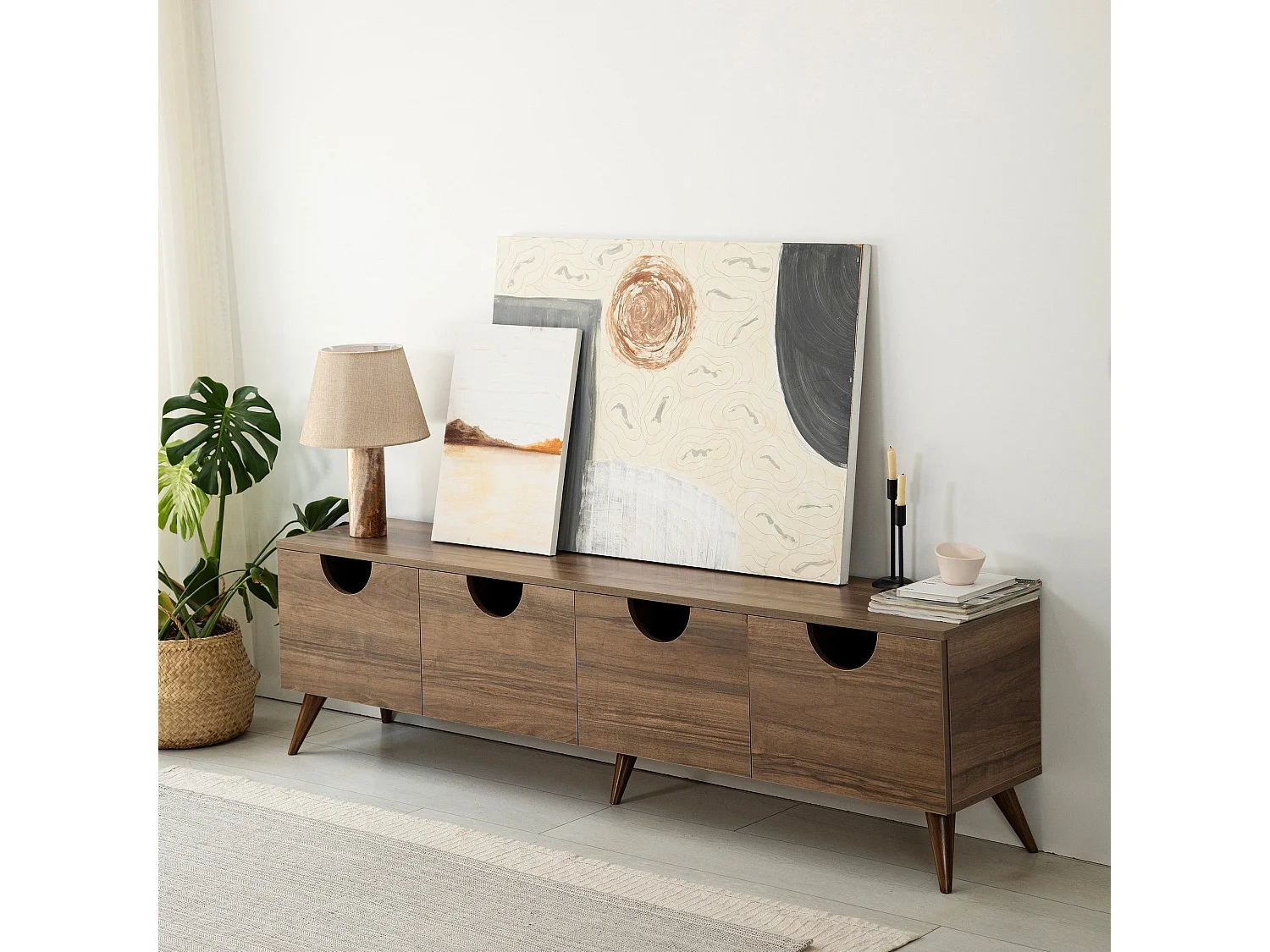 Meuble TV élégant en noyer, 180 cm x 50 cm x 35 cm | 100 % aggloméré mélaminé, épaisseur 18 mm, chants PVC | Design moderne pour le salon