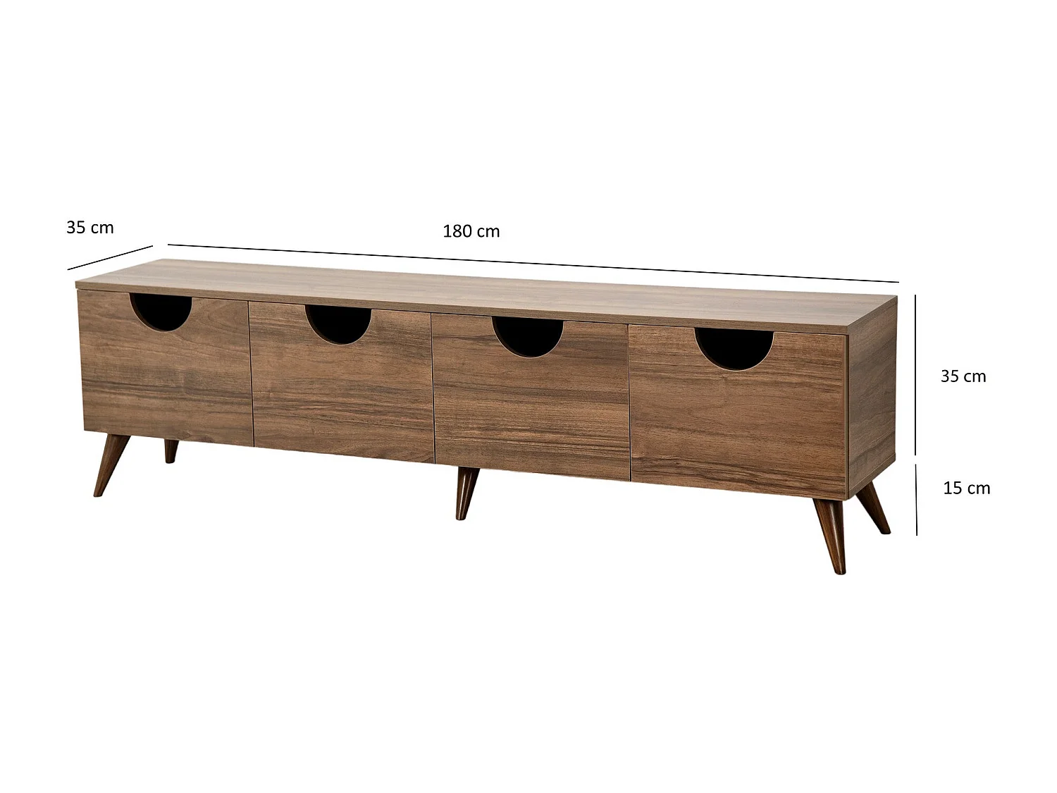 Meuble TV élégant en noyer, 180 cm x 50 cm x 35 cm | 100 % aggloméré mélaminé, épaisseur 18 mm, chants PVC | Design moderne pour le salon