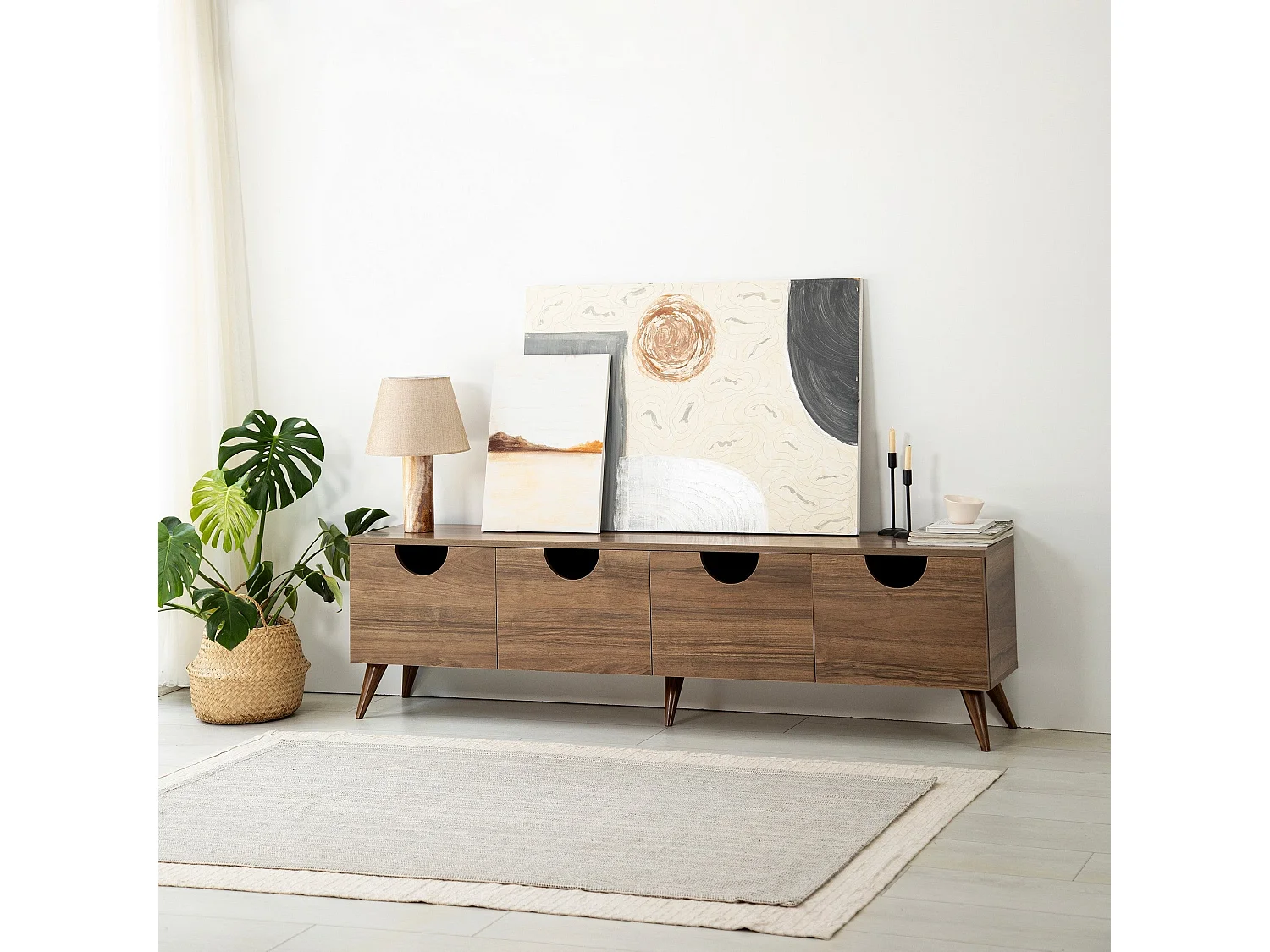 Meuble TV élégant en noyer, 180 cm x 50 cm x 35 cm | 100 % aggloméré mélaminé, épaisseur 18 mm, chants PVC | Design moderne pour le salon