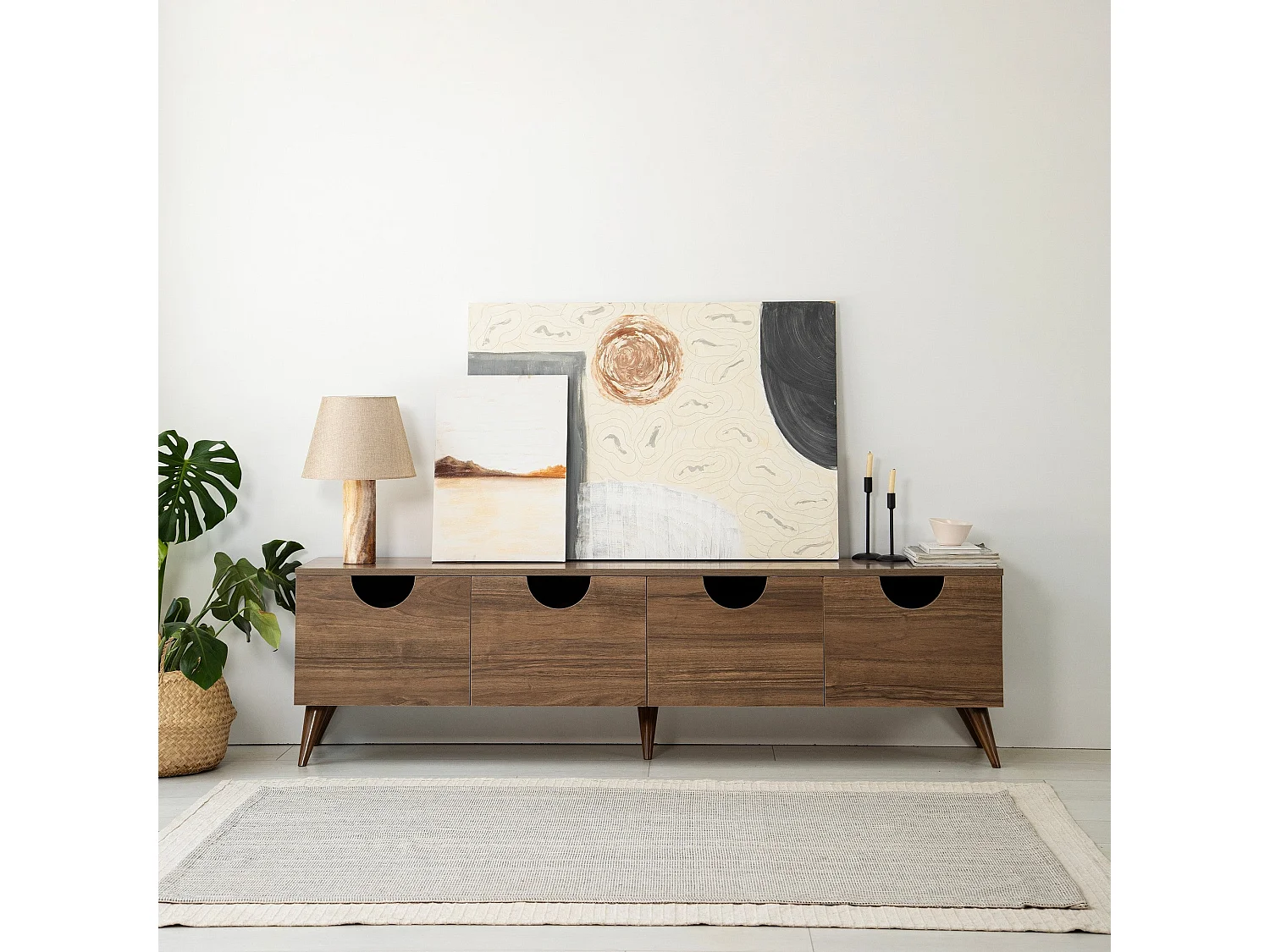 Meuble TV élégant en noyer, 180 cm x 50 cm x 35 cm | 100 % aggloméré mélaminé, épaisseur 18 mm, chants PVC | Design moderne pour le salon