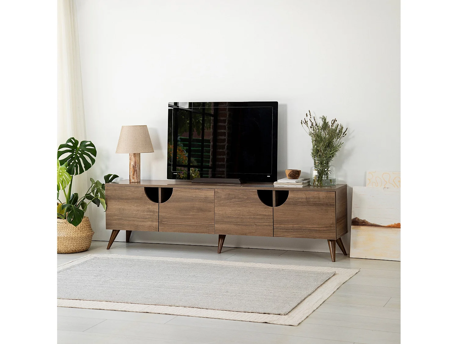 Meuble TV élégant en noyer, 180 cm x 50 cm x 35 cm | 100 % aggloméré mélaminé, épaisseur 18 mm, chants PVC | Design moderne pour le salon