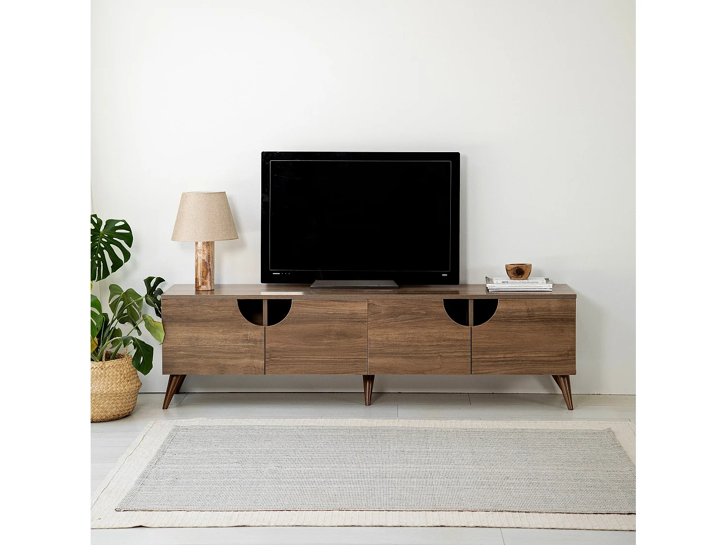 Meuble TV élégant en noyer, 180 cm x 50 cm x 35 cm | 100 % aggloméré mélaminé, épaisseur 18 mm, chants PVC | Design moderne pour le salon