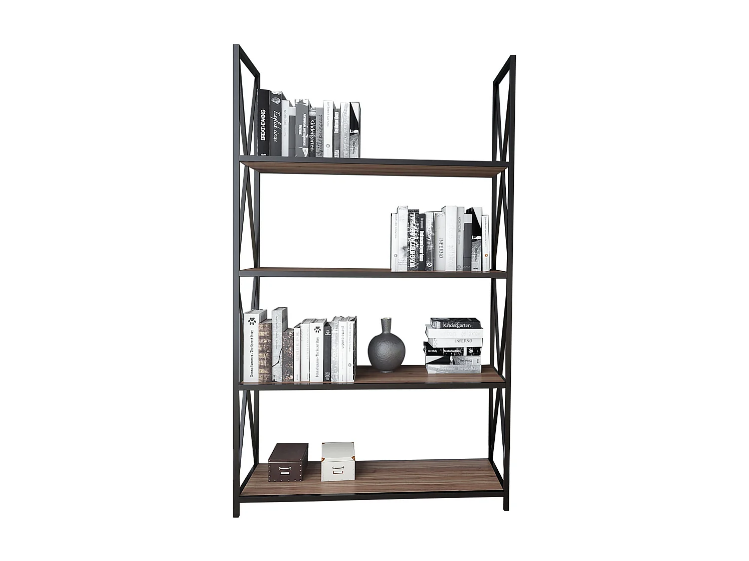 Moderne industriële stellingkast, walnoot en zwart, 94 x 33 x 150 cm | 100% melamine-gecoate spaanplaat, 18 mm dik, stevig metalen frame | S