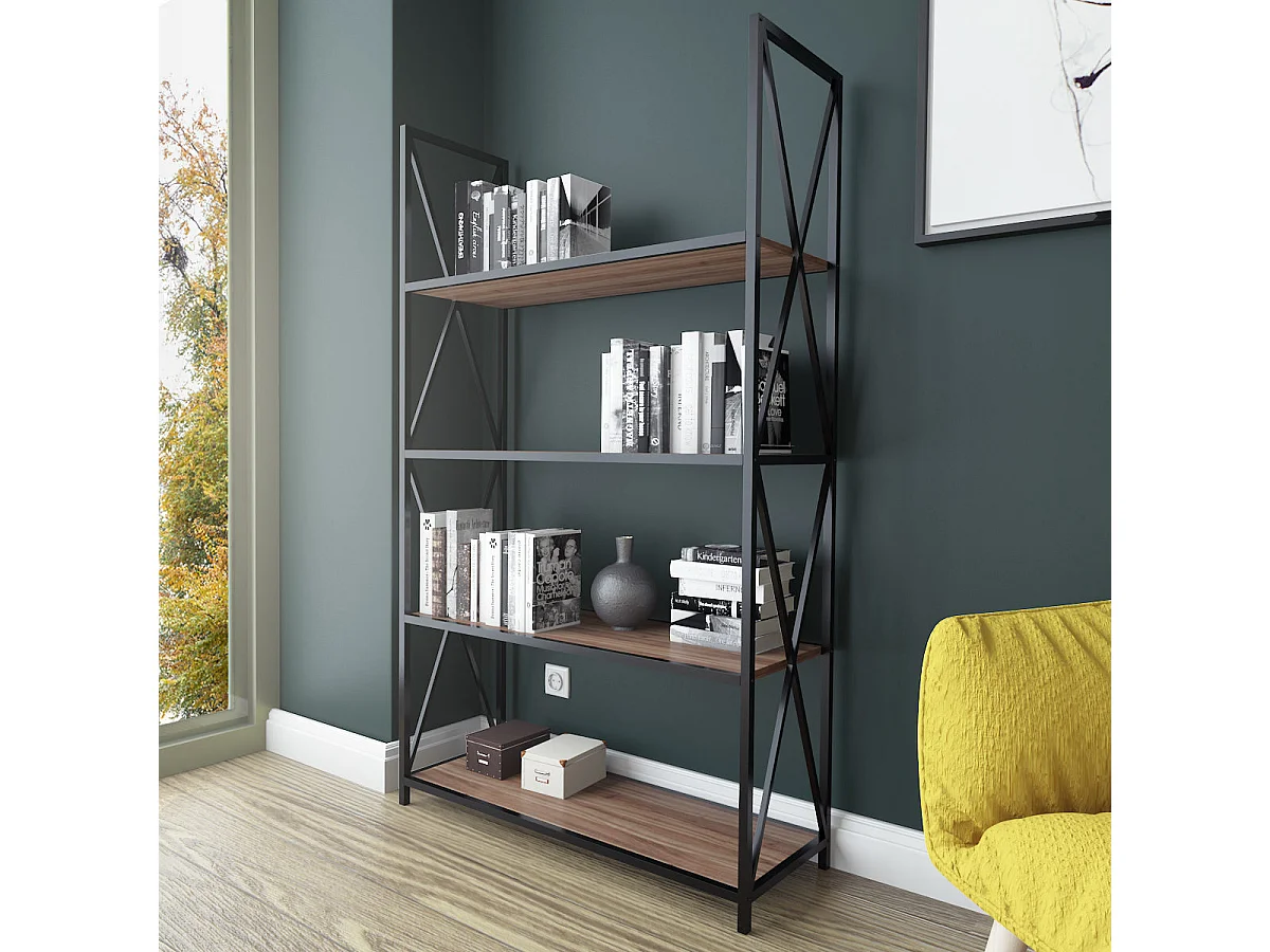 Moderne industriële stellingkast, walnoot en zwart, 94 x 33 x 150 cm | 100% melamine-gecoate spaanplaat, 18 mm dik, stevig metalen frame | S