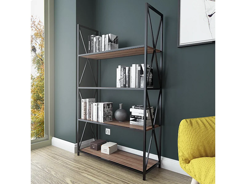 Moderne industriële stellingkast, walnoot en zwart, 94 x 33 x 150 cm | 100% melamine-gecoate spaanplaat, 18 mm dik, stevig metalen frame | S