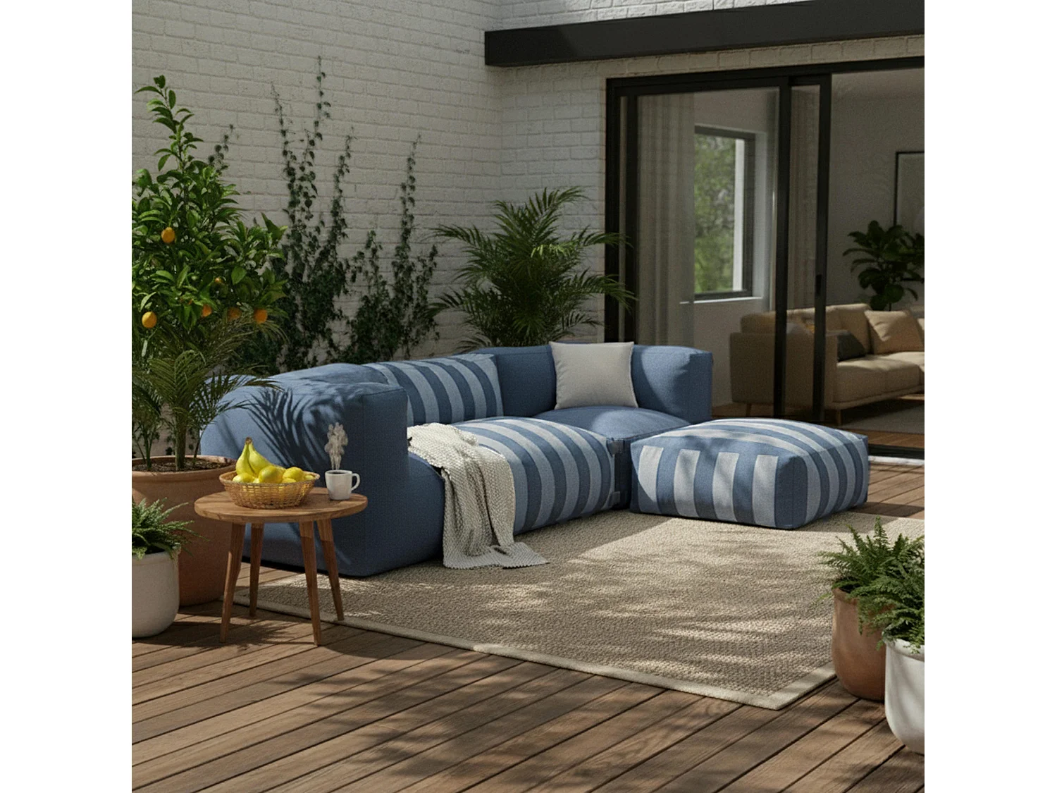 Pouf rayé pour salon de jardin modulable bleu pacific