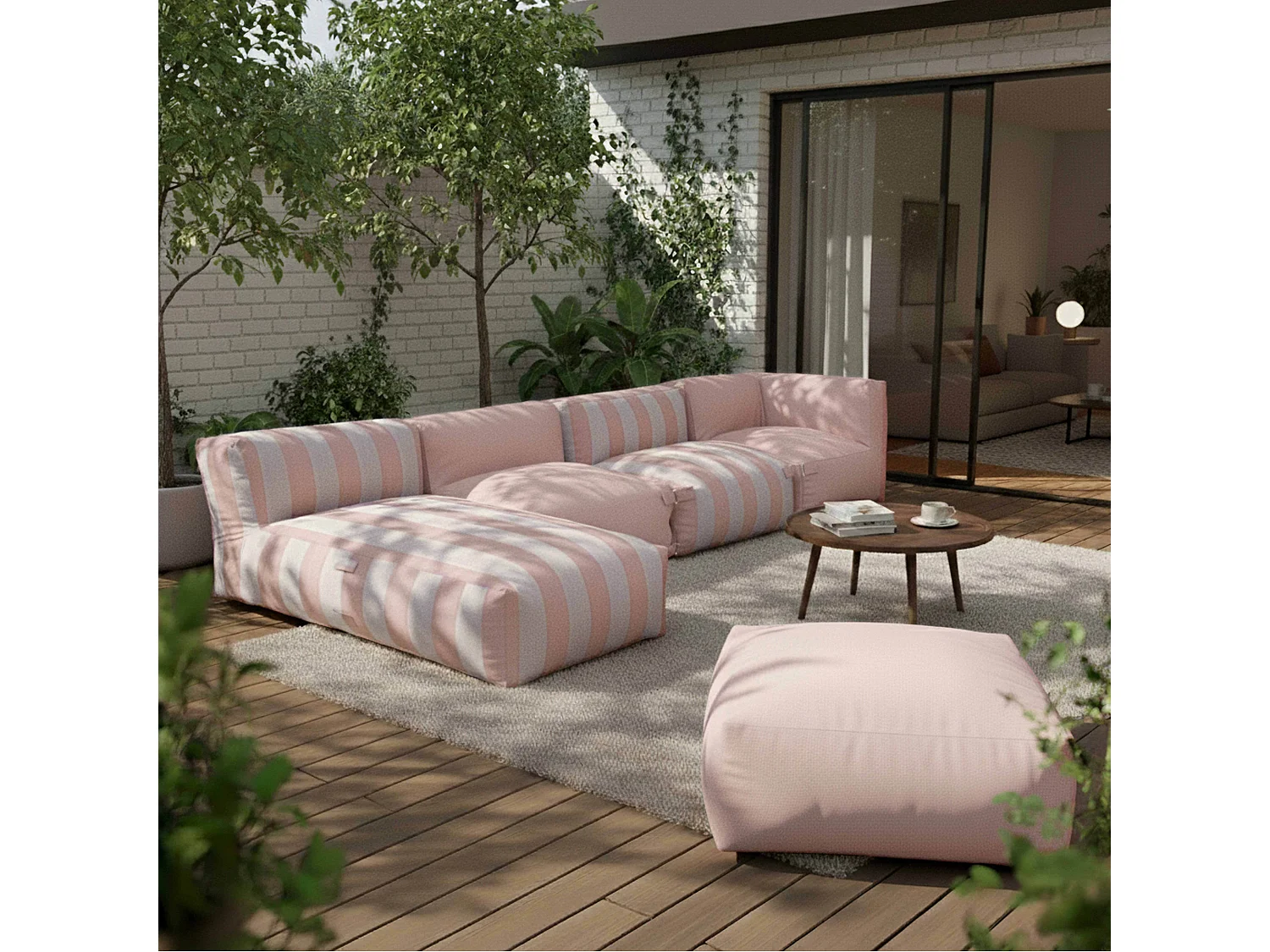 Salon de jardin modulable rayé 5 places rose poudré