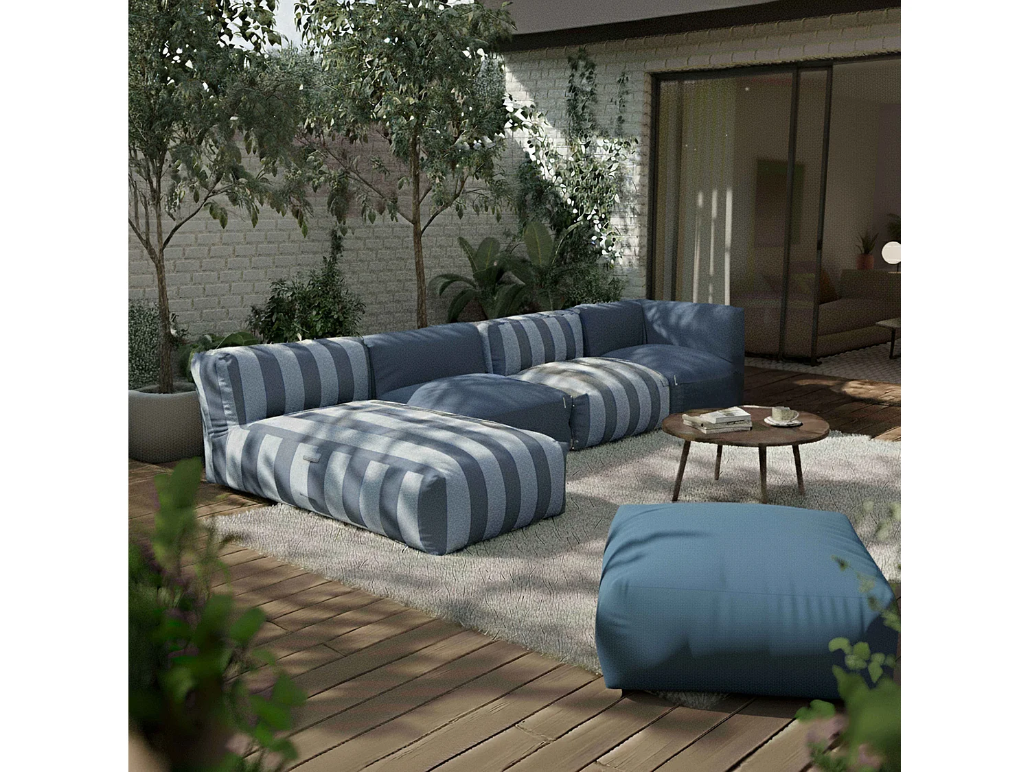 Salon de jardin modulable rayé 5 places bleu pacific