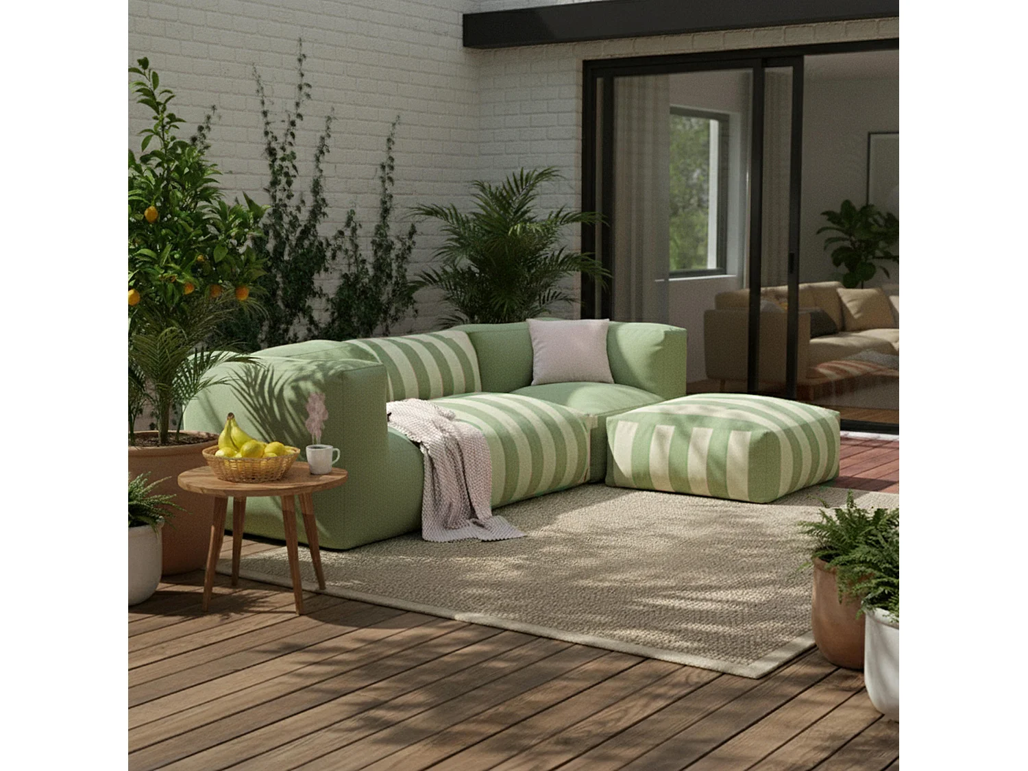 Pouf rayé pour salon de jardin modulable vert cactus