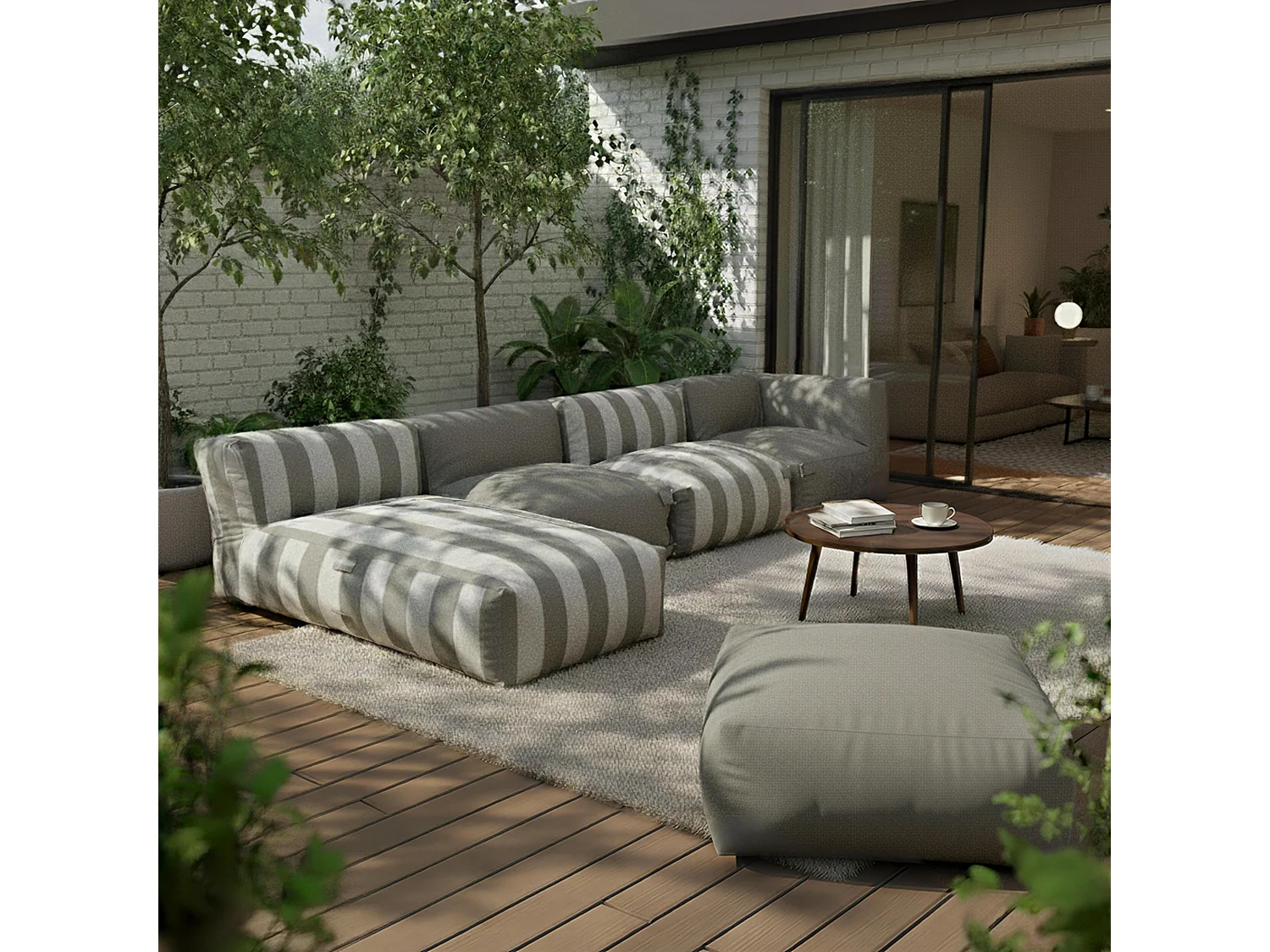 Méridienne rayé pour salon de jardin modulable gris anthracite