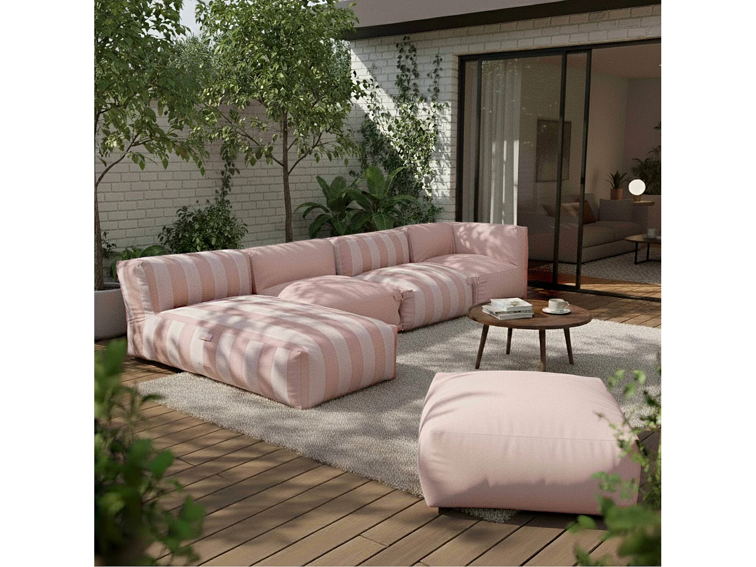 Méridienne rayé pour salon de jardin modulable rose poudré