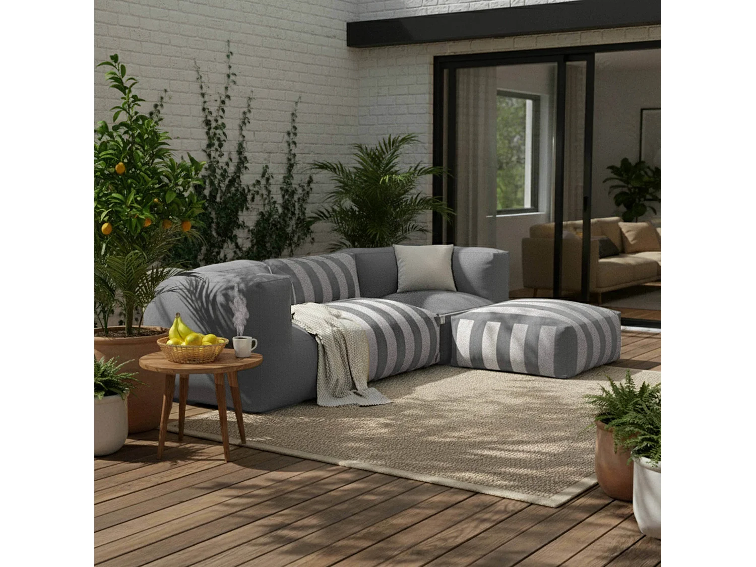Pouf rayé pour salon de jardin modulable gris anthracite