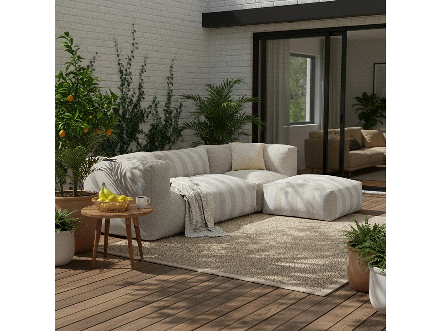 Pouf rayé pour salon de jardin modulable beige