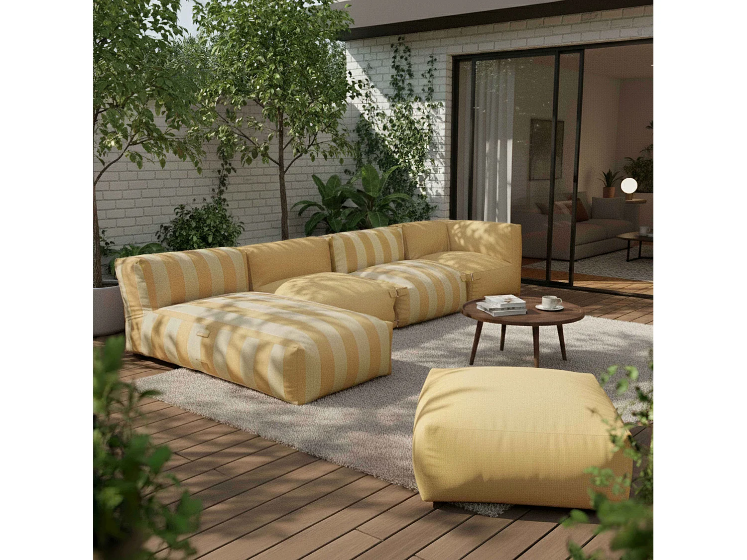 Méridienne rayé pour salon de jardin modulable jaune clair