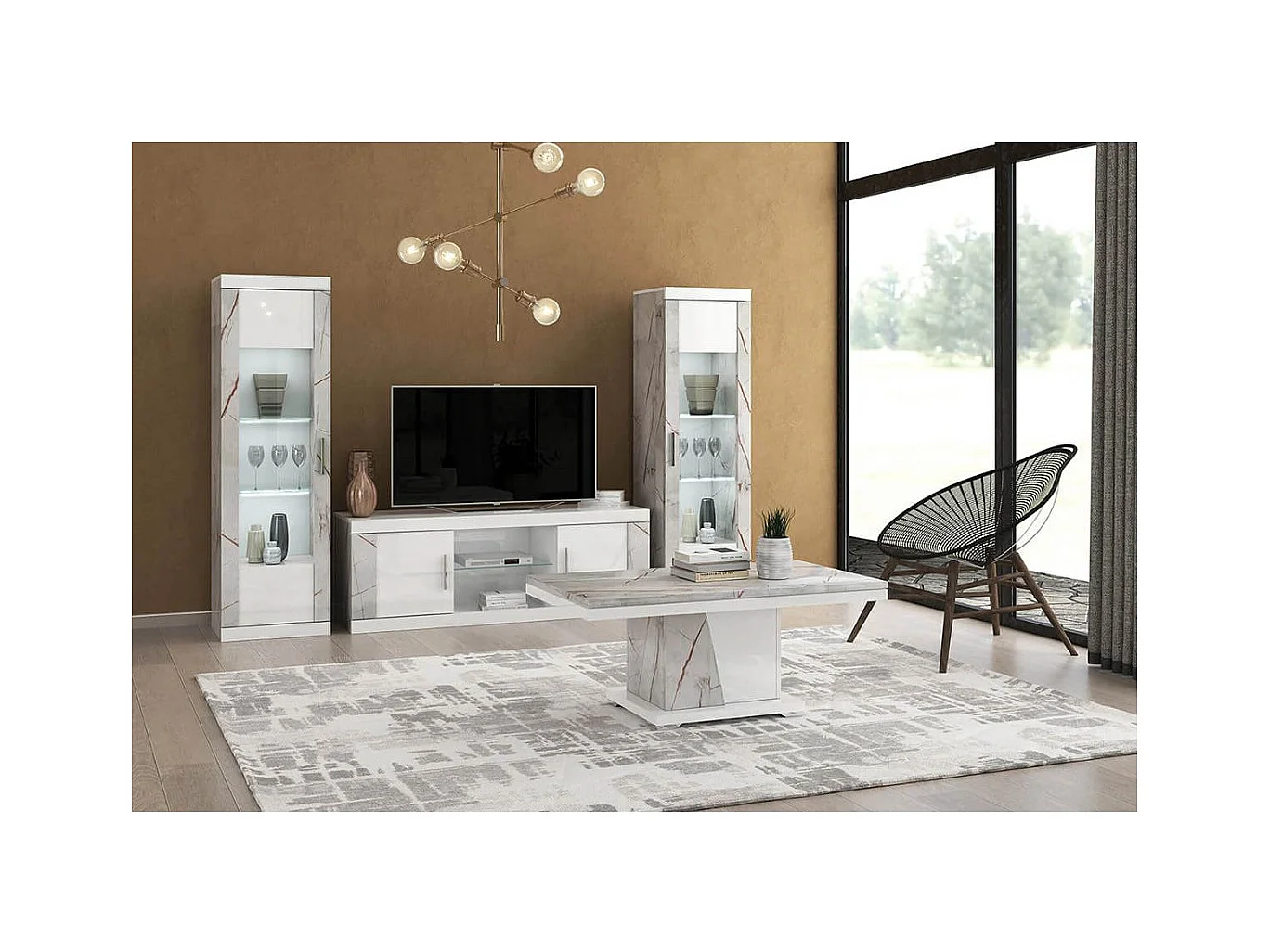 EROS - Ensemble Salon Table Basse + Meuble TV + Vitrines 1 Porte Eclairage Led intégré