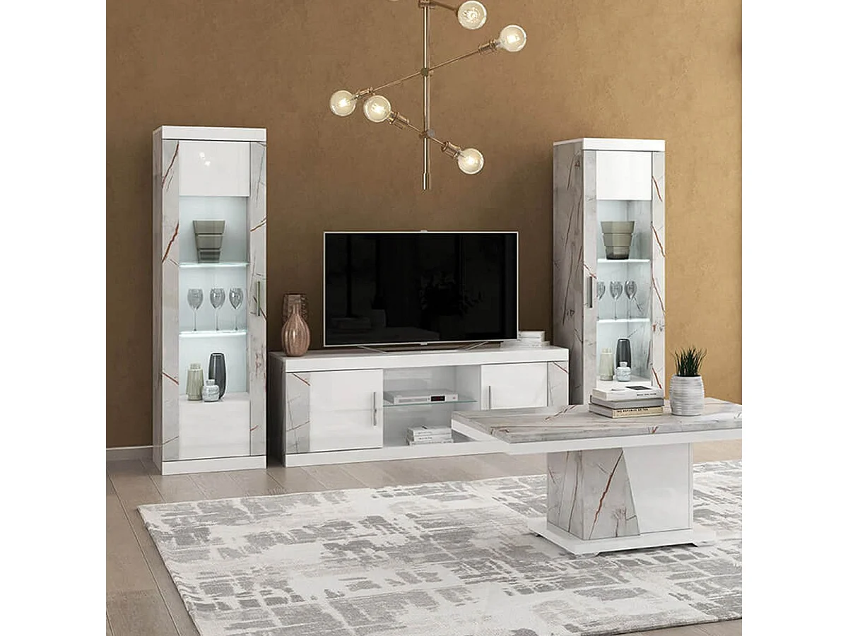 EROS - Ensemble Salon Table Basse + Meuble TV + Vitrines 1 Porte Eclairage Led intégré