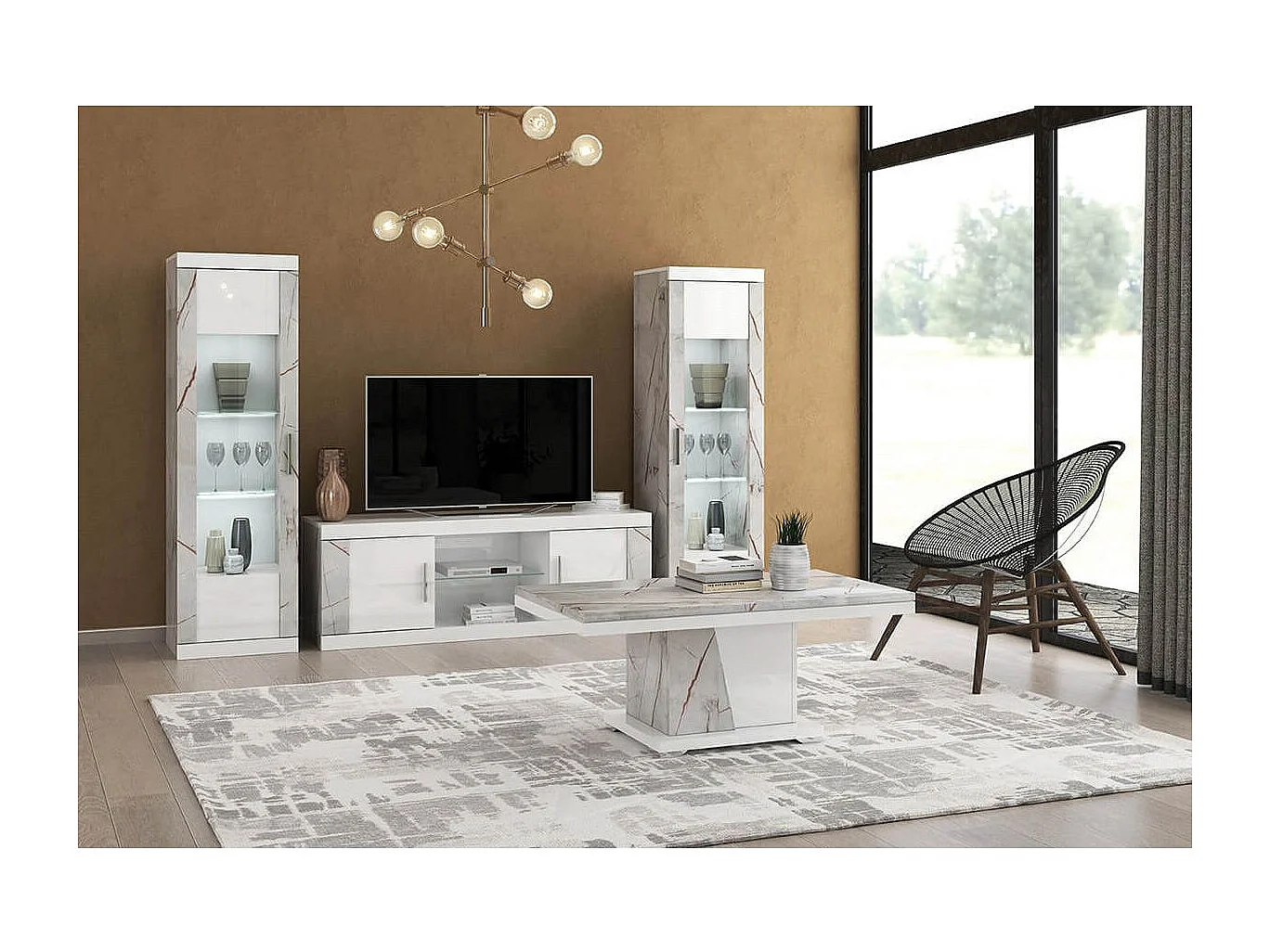 EROS - Ensemble Salon Table Basse + Meuble TV + Vitrines 1 Porte Eclairage Led intégré