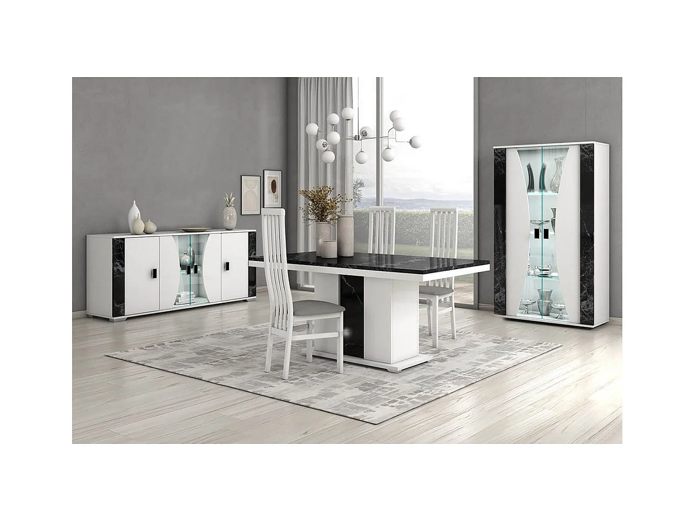 ARIANE - Séjour Complet Table Repas + Buffet + Vitrine 2 Portes Eclairage Led intégré