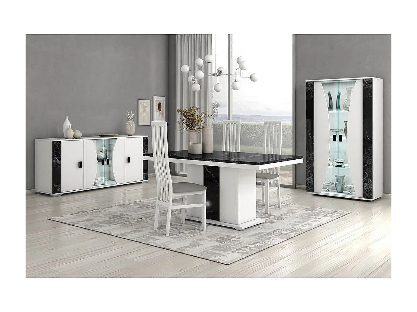 ARIANE - Séjour Complet Table Repas + Buffet + Vitrine 2 Portes Eclairage Led intégré