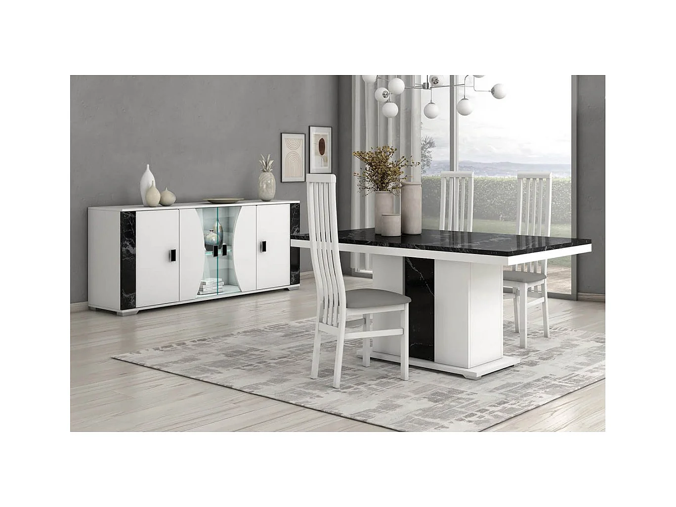 ARIANE - Ensemble Séjour Table Repas + Buffet 4 Portes Eclairage Led intégré