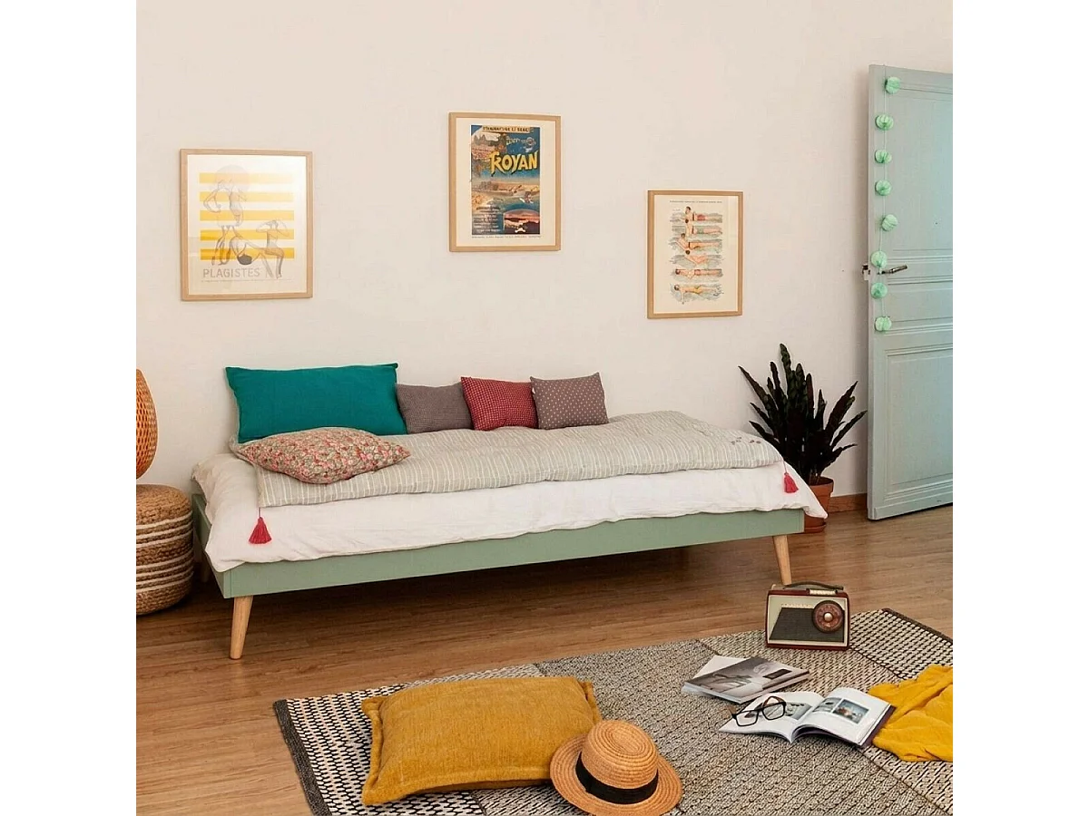 Lit enfant avec pieds 90x190 cm bois massif vert DARLA