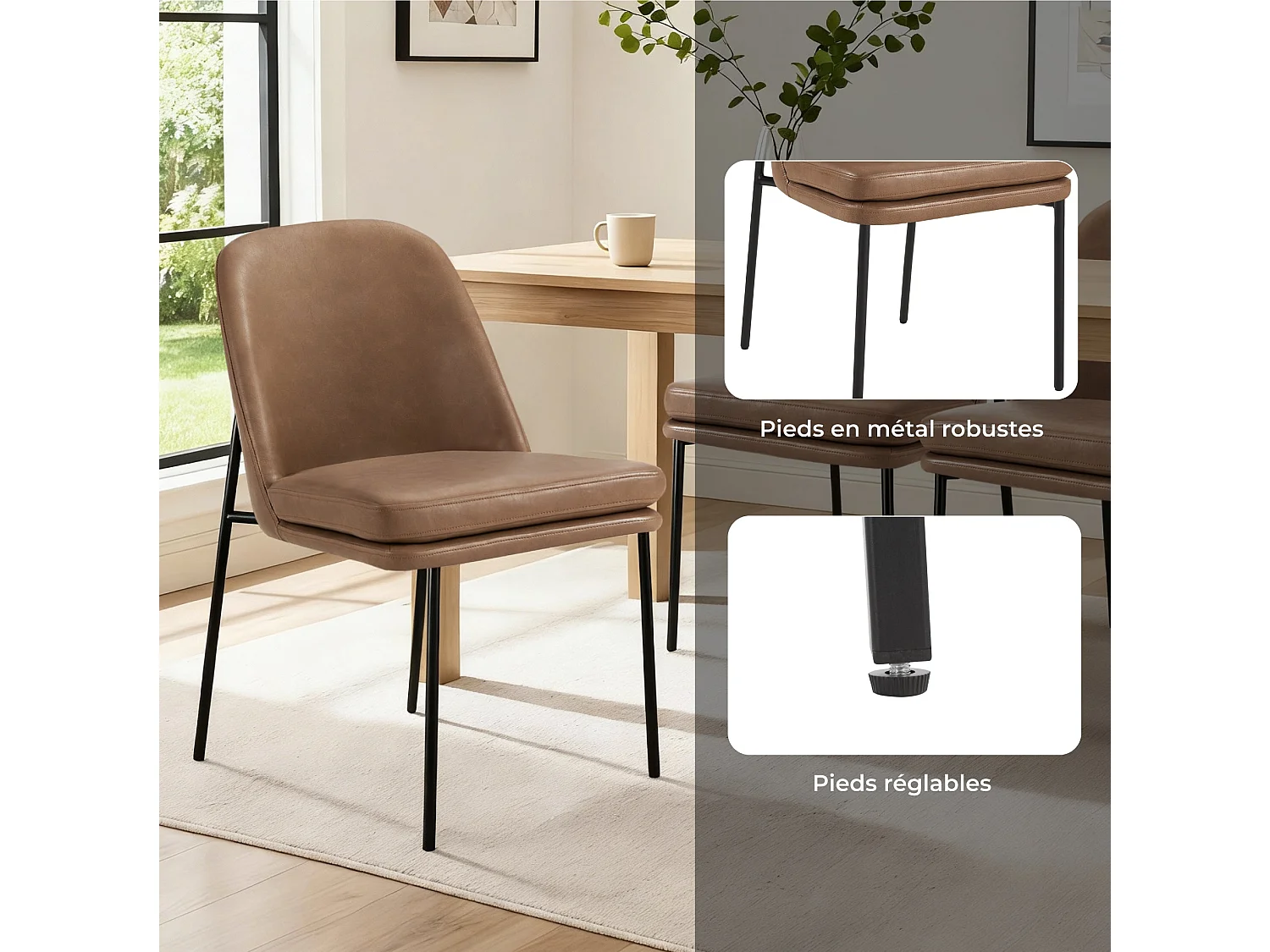 Lot de 2 Chaises de Salle à Manger, Pieds en Métal, Avec Dossier, en PU, Style Moderne marron