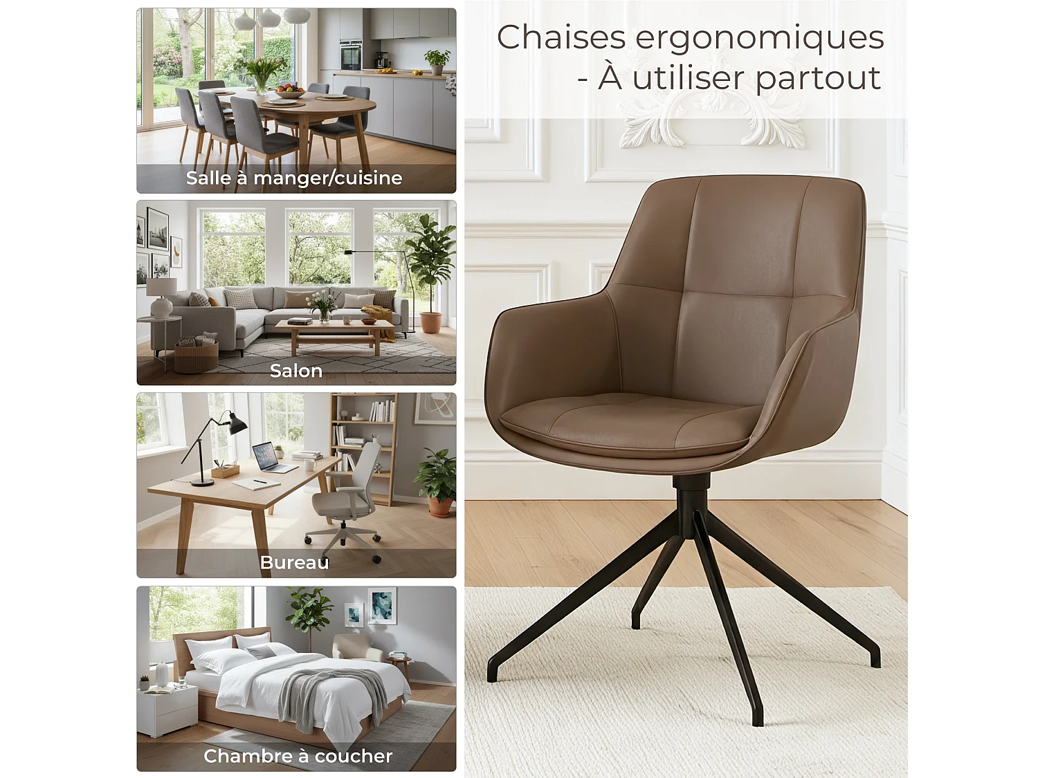 Lot de 2 Chaises de Salle à Manger,  Fauteuil Pivotant à 360 degrés, Chaise de Cuisine en PU Coussinets de Pied Réglables Brun