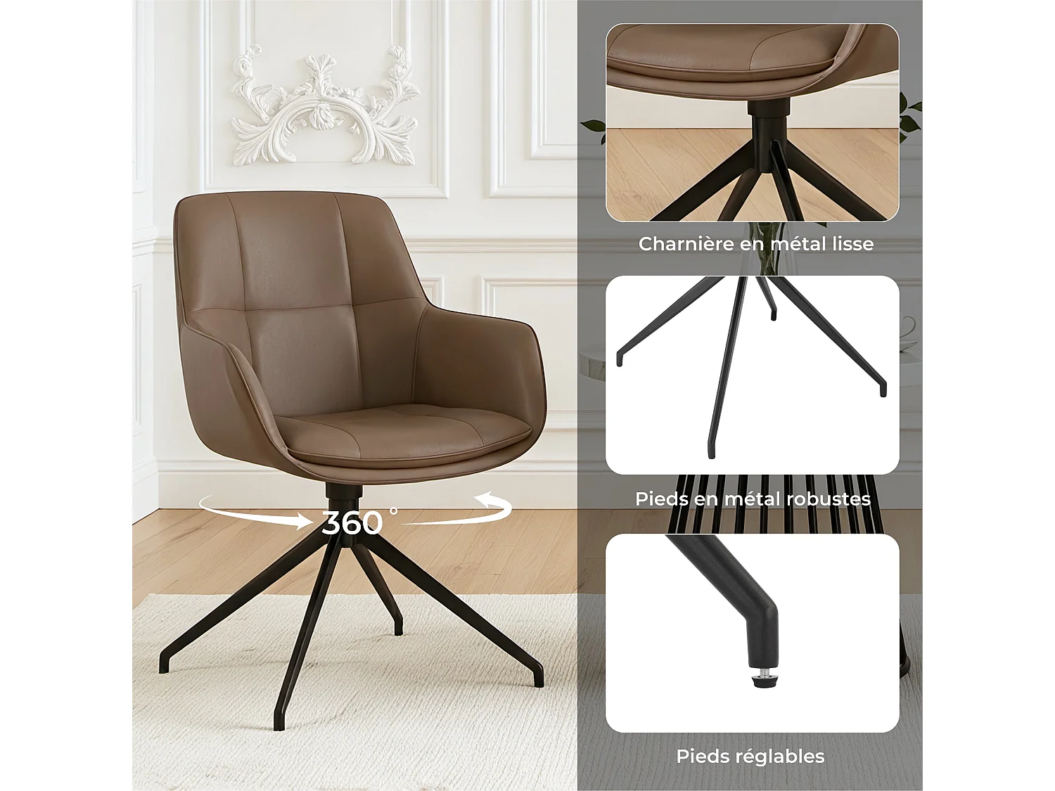 Lot de 2 Chaises de Salle à Manger,  Fauteuil Pivotant à 360 degrés, Chaise de Cuisine en PU