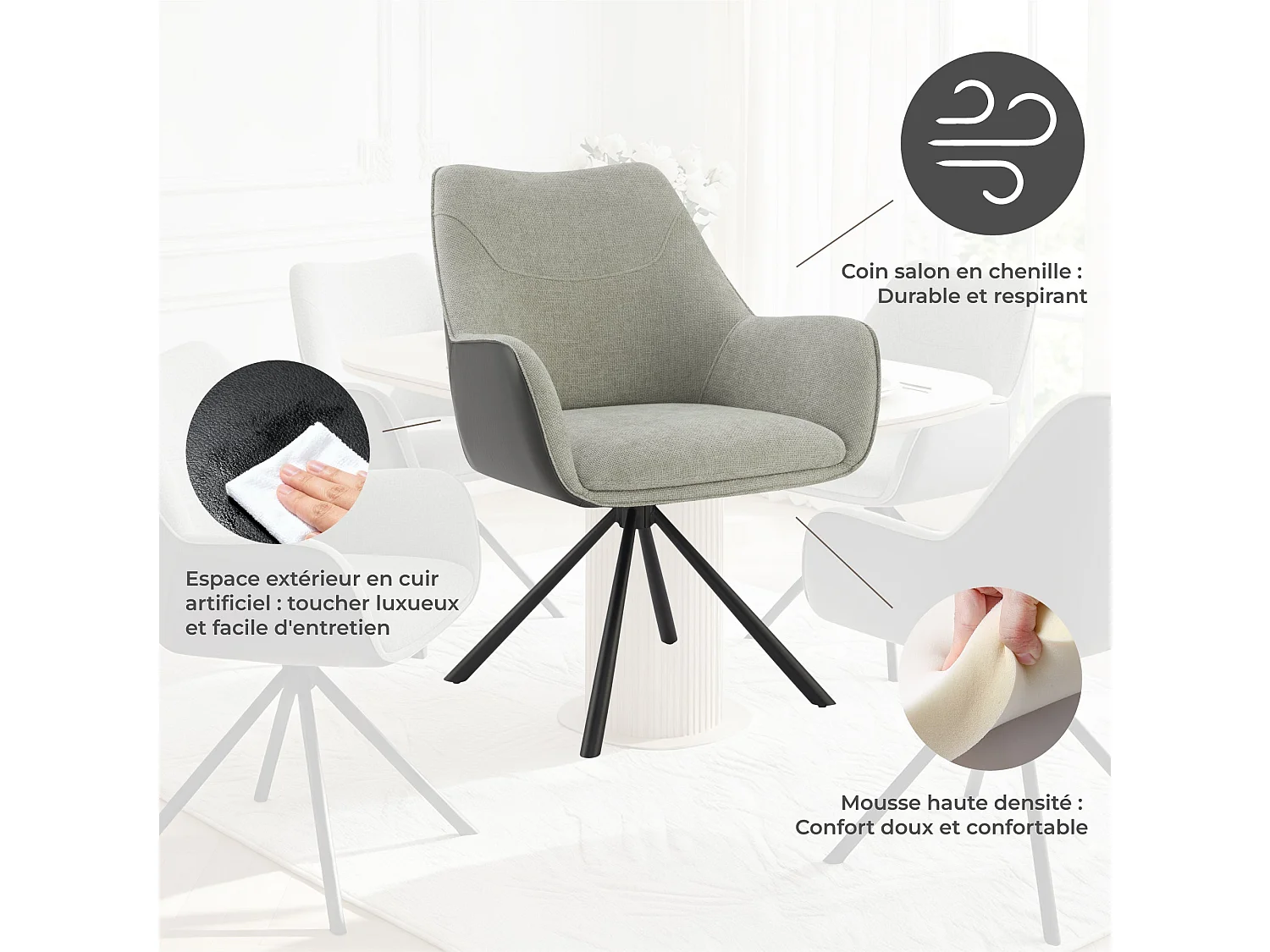Lot de 2 Chaises de Salle à Manger, Fauteuil Pivotant à 360 degrés, Chaise de Cuisine Coussinets de Pied Réglables Gris