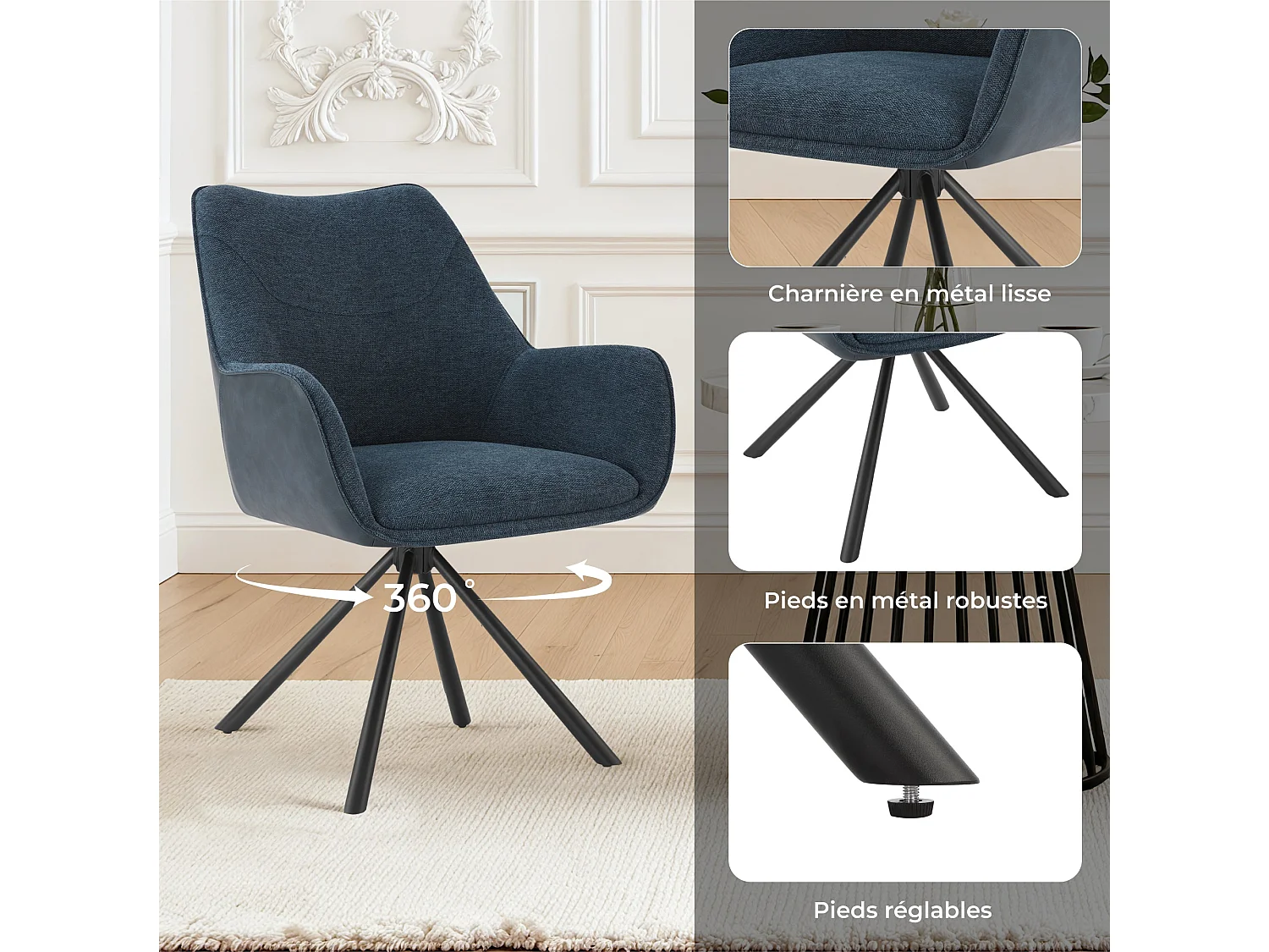 Lot de 2 Chaises de Salle à Manger, Fauteuil Pivotant à 360 degrés, Chaise de Cuisine Coussinets de Pied Réglables Bleu Foncé