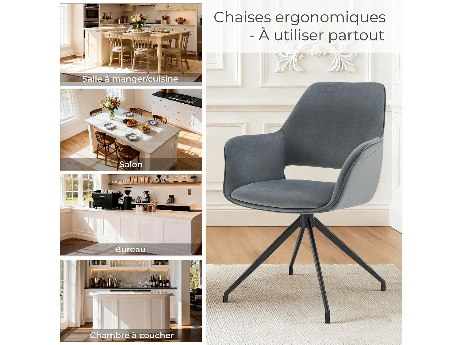 Lot de 2 Chaises de Salle à Manger,  Fauteuil Pivotant à 360 degrés, Chaise de Cuisine  Coussinets de Pied Réglables Bleu Foncé