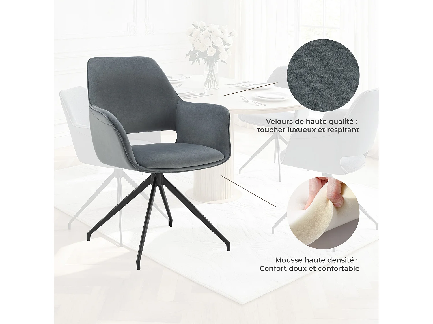 Lot de 2 Chaises de Salle à Manger,  Fauteuil Pivotant à 360 degrés, Chaise de Cuisine
