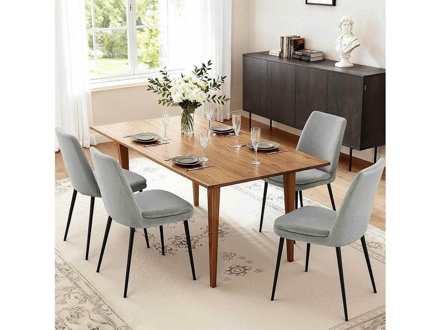 Lot de 2 Chaises de Salle à Manger, Pieds en Métal, Avec Dossier,en Chenille Gris clair