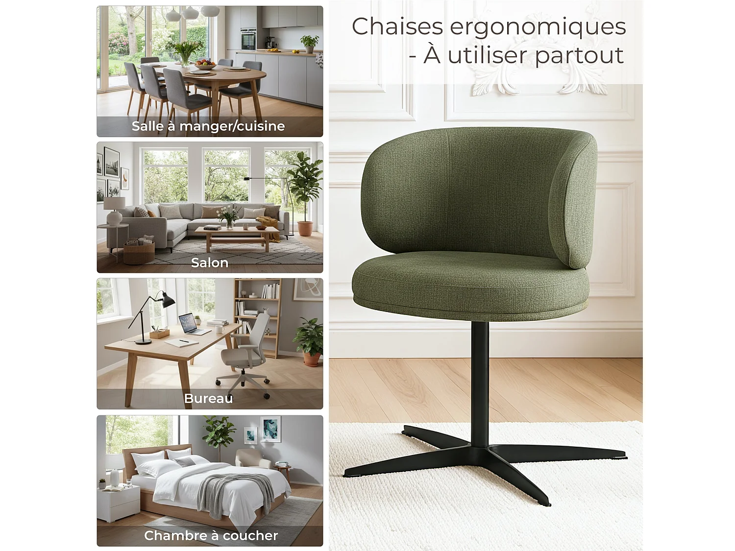 Lot de 2 Chaises de Salle à Manger Chaise de Bureau Pivotante Chaise pour Chambre-coiffeuse Vert
