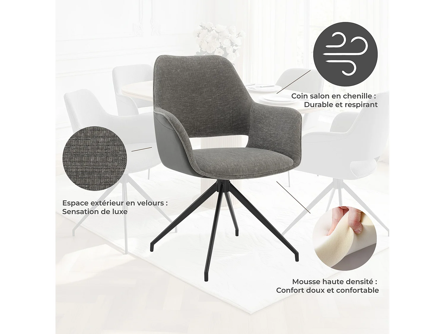 Lot de 2 Chaises de Salle à Manger,  Fauteuil Pivotant à 360 degrés, Chaise de Cuisine