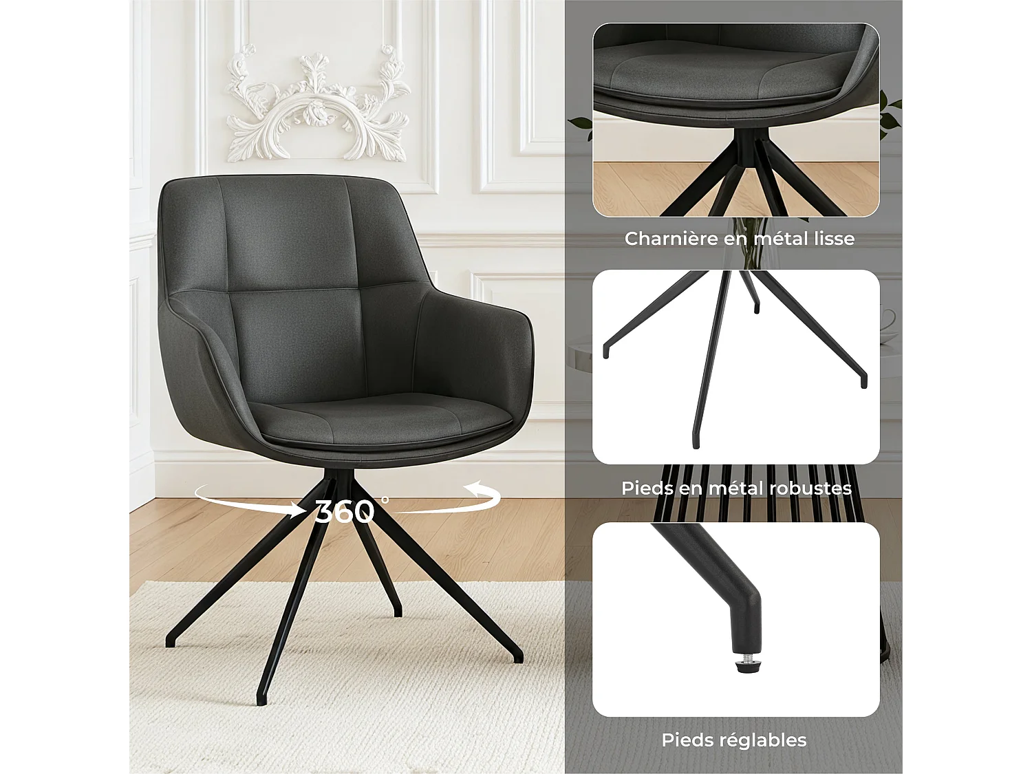 Lot de 2 Chaises de Salle à Manger,  Fauteuil Pivotant à 360 degrés, Chaise de Cuisine en PU Coussinets de Pied Réglables Gris Foncé