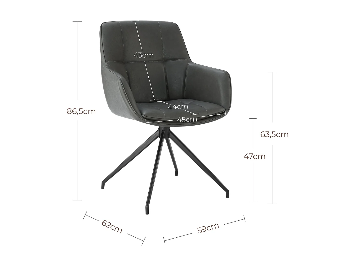 Lot de 2 Chaises de Salle à Manger,  Fauteuil Pivotant à 360 degrés, Chaise de Cuisine en PU Coussinets de Pied Réglables Gris Foncé