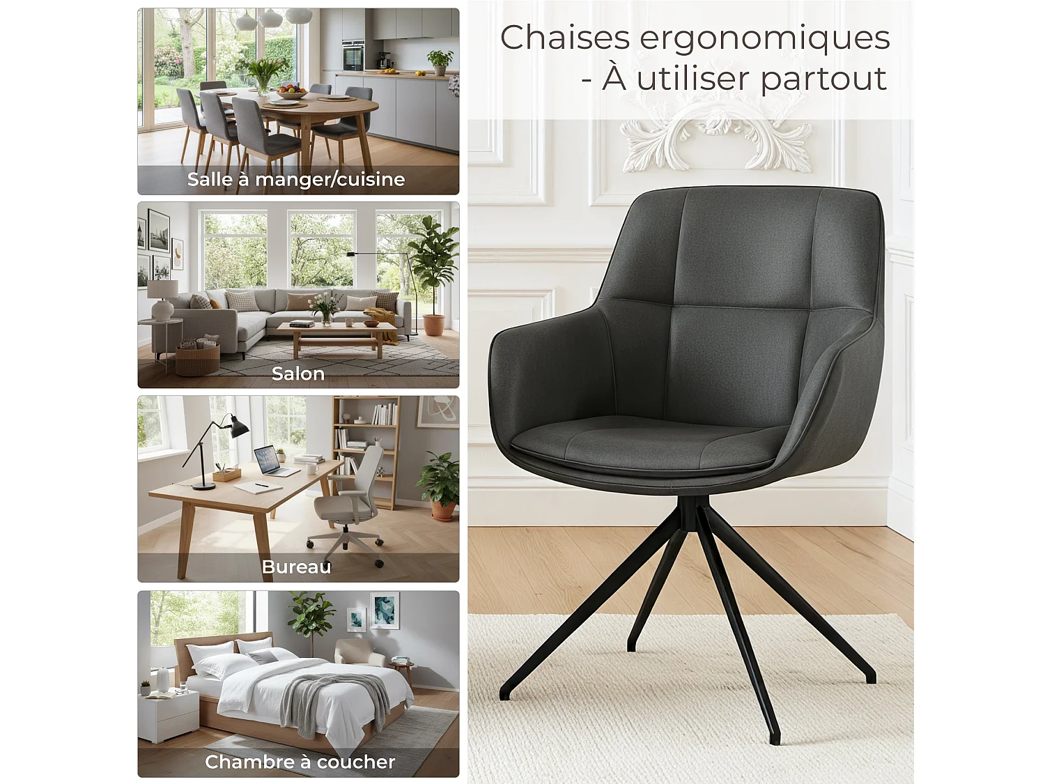Lot de 2 Chaises de Salle à Manger,  Fauteuil Pivotant à 360 degrés, Chaise de Cuisine en PU Coussinets de Pied Réglables Gris Foncé