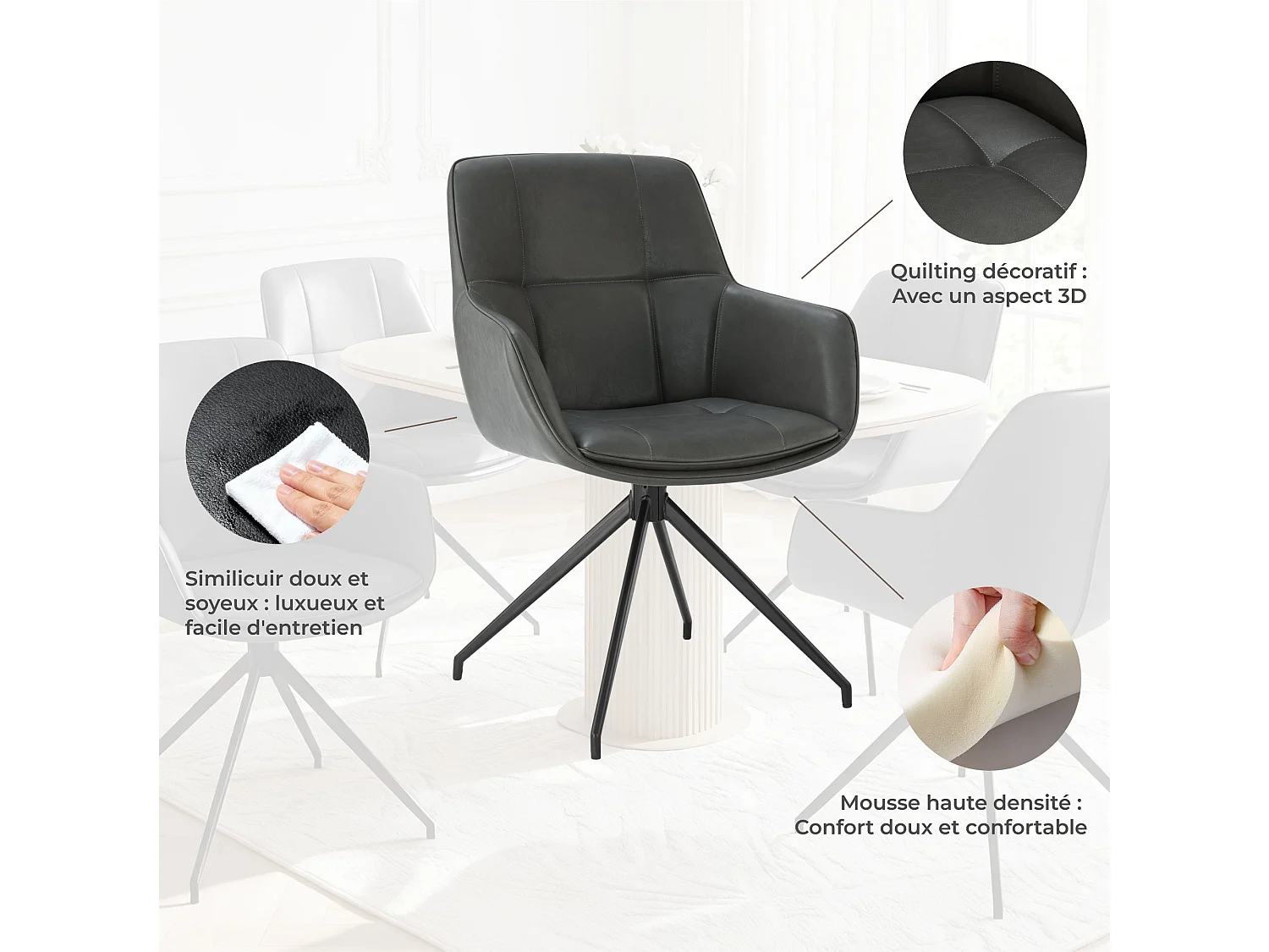 Lot de 2 Chaises de Salle à Manger,  Fauteuil Pivotant à 360 degrés, Chaise de Cuisine en PU Coussinets de Pied Réglables Gris Foncé