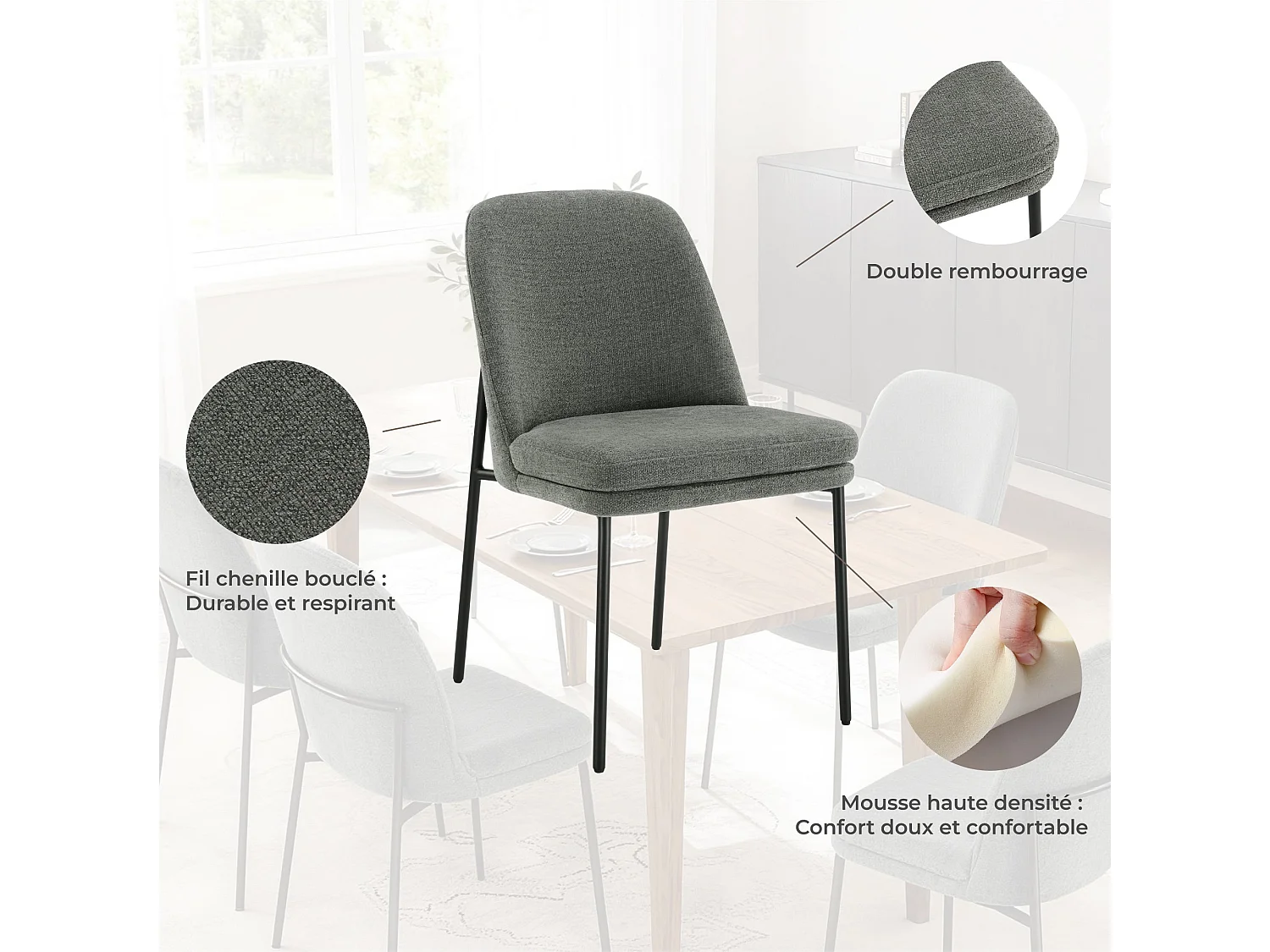 Lot de 2 Chaises de Salle à Manger, Pieds en Métal, Avec Dossier, Style Moderne Gris foncé