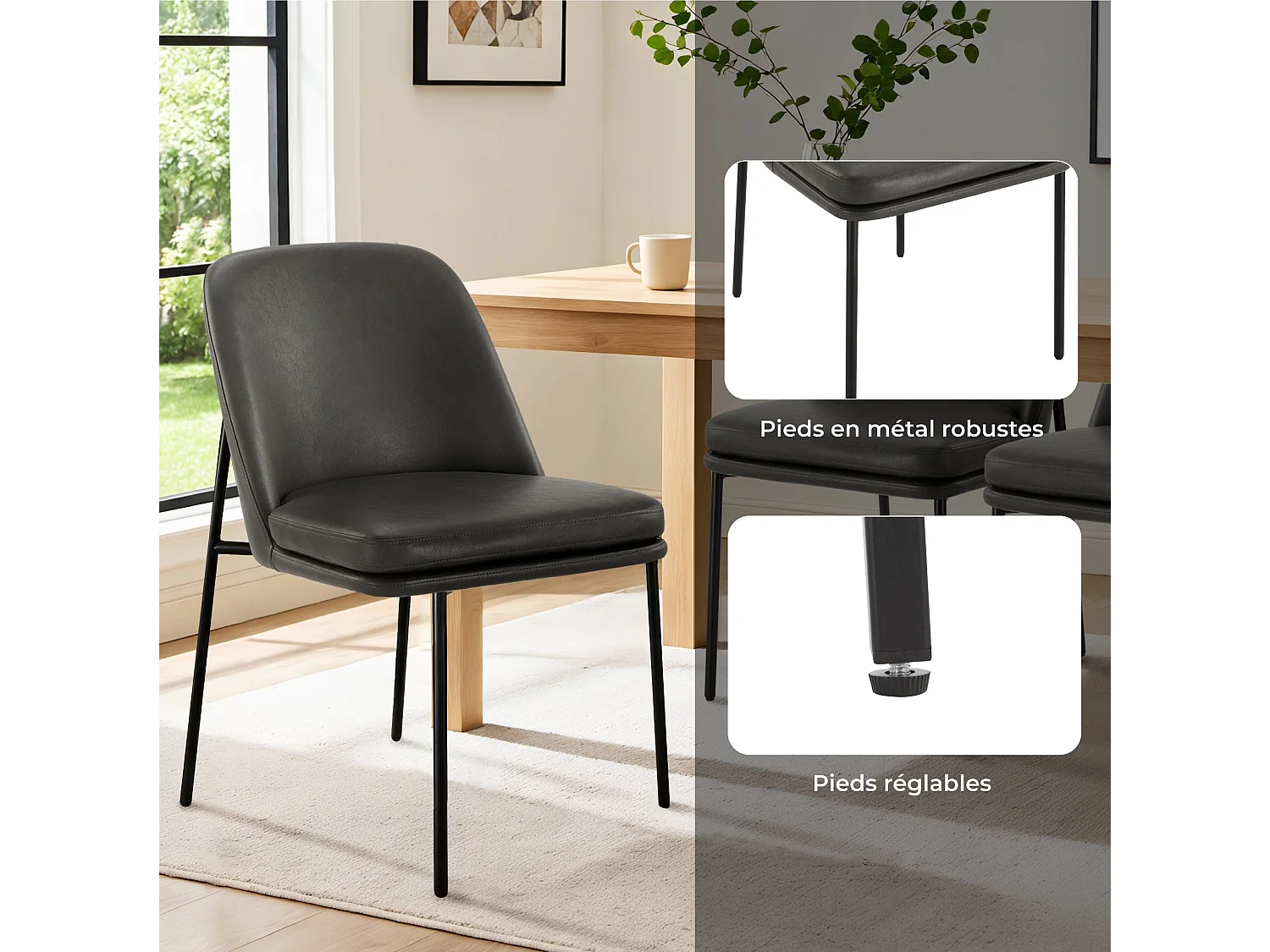 Lot de 2 Chaises de Salle à Manger, Pieds en Métal, Avec Dossier, en PU, Style Moderne Gris foncé